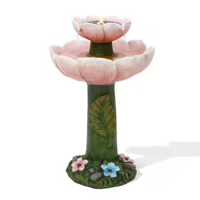 Luxenhome Solar Powered Pink Flower 2 - Tier Resin Birdbath Fountain with Lights