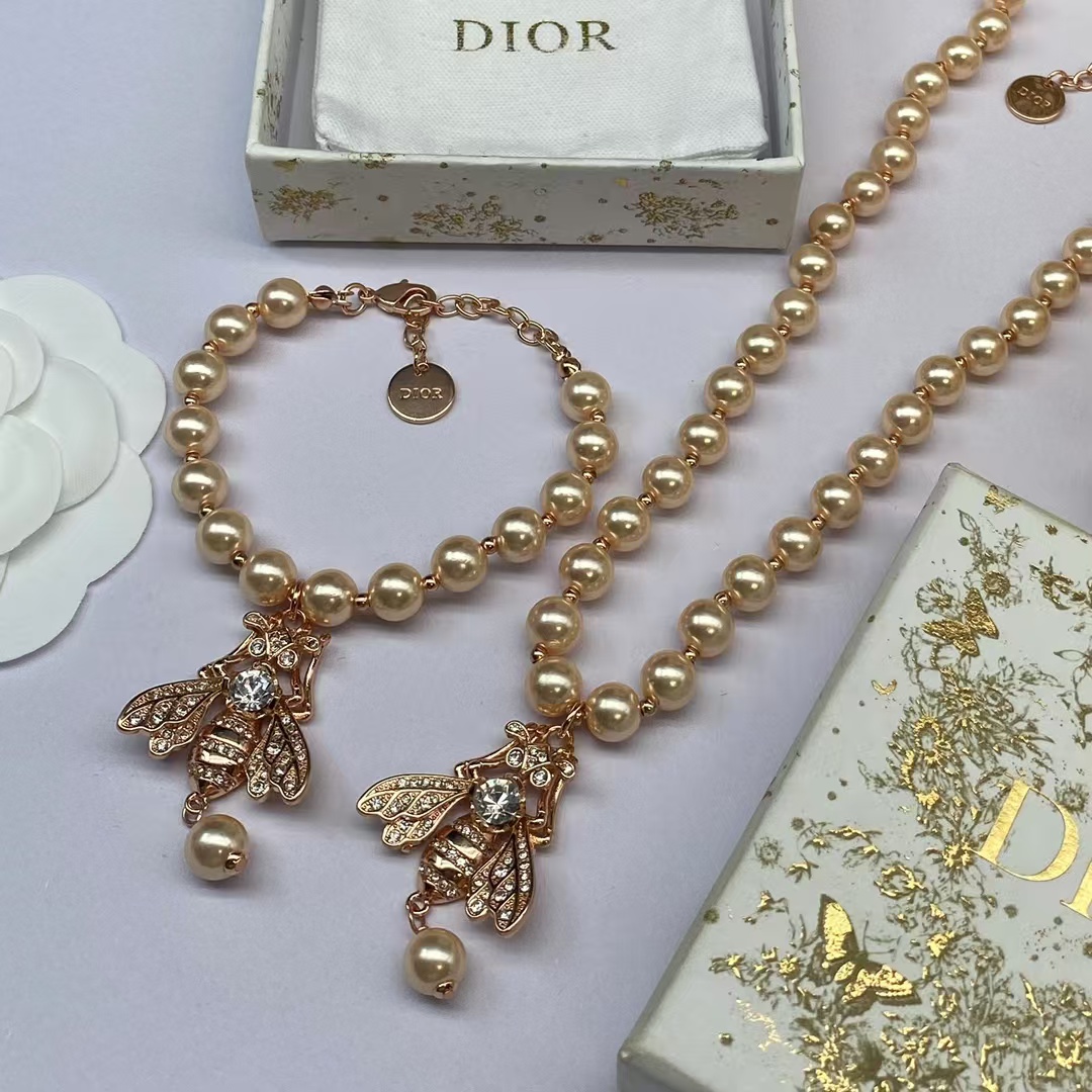 Dior Bee Pendant Rose Gold Pearl Necklace Bracelet - Original Replica Club