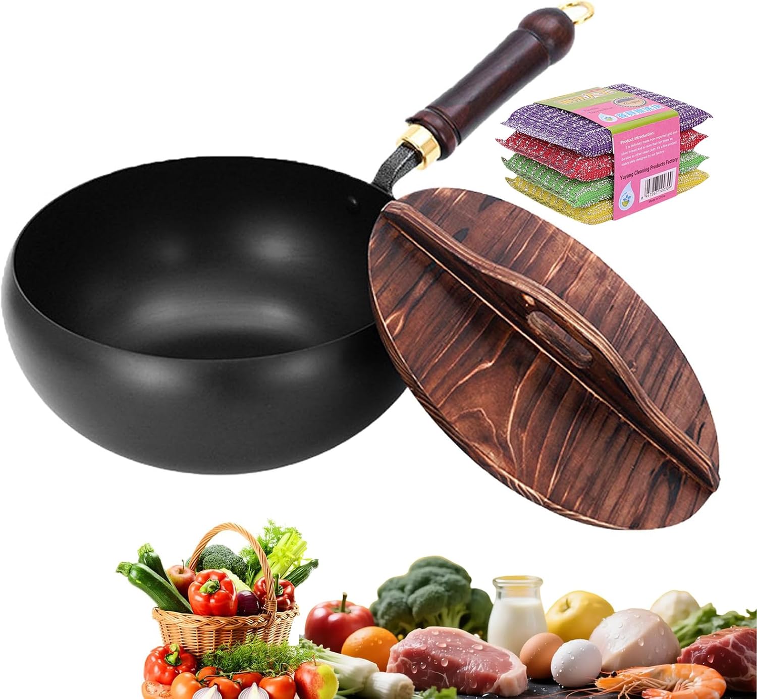 Japanese Cast Iron Cookware Wok with Lid, Uncoated Iron Wok Pan 9.5-11in, Heavy Duty Cast Iron Pot, Even Heat, Natural Healthy Stir Fry Cooking, Durable Kitchen Wok (No lid, 10.24in/26cm)