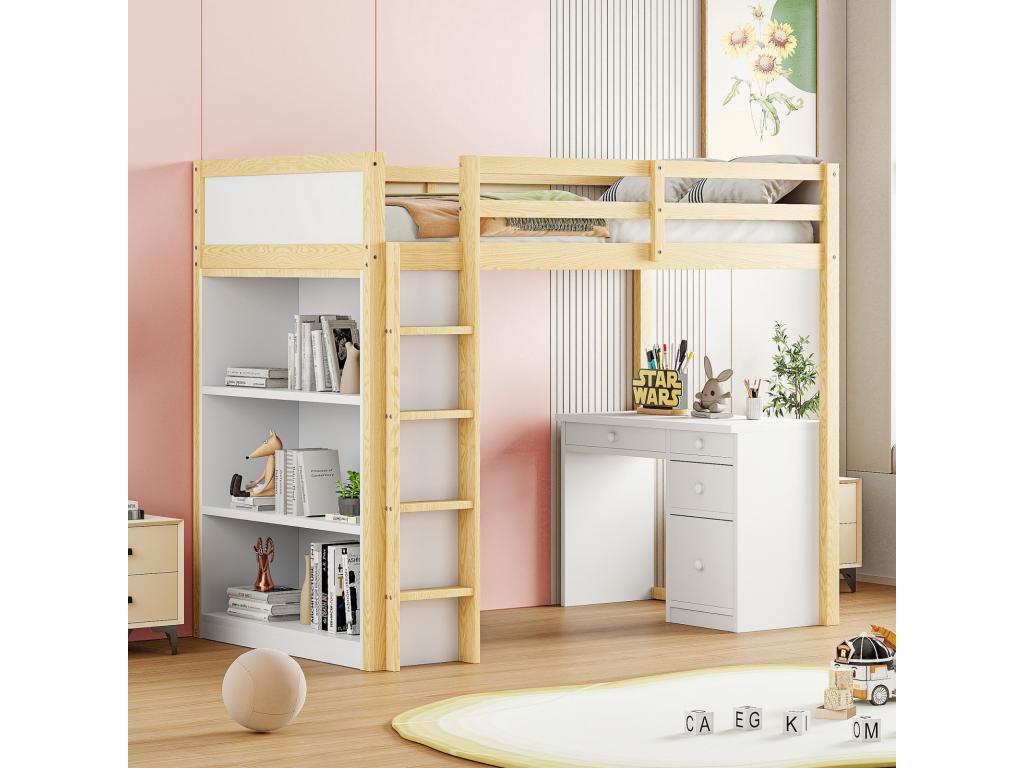 Cama alta de 90 x 200 cm con armarios de almacenamiento y mesa para ordenador, cama alta multifuncional para niños en madera natural
