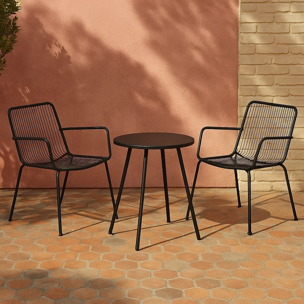 Muebles de salón para jardín,compuesto por 2 sillas y 1 mesa,material acero,color negro,para exterior,mesa diámetro 60x75 cm,sillas 60x60x80 cm - iOIRNMkNgfCe