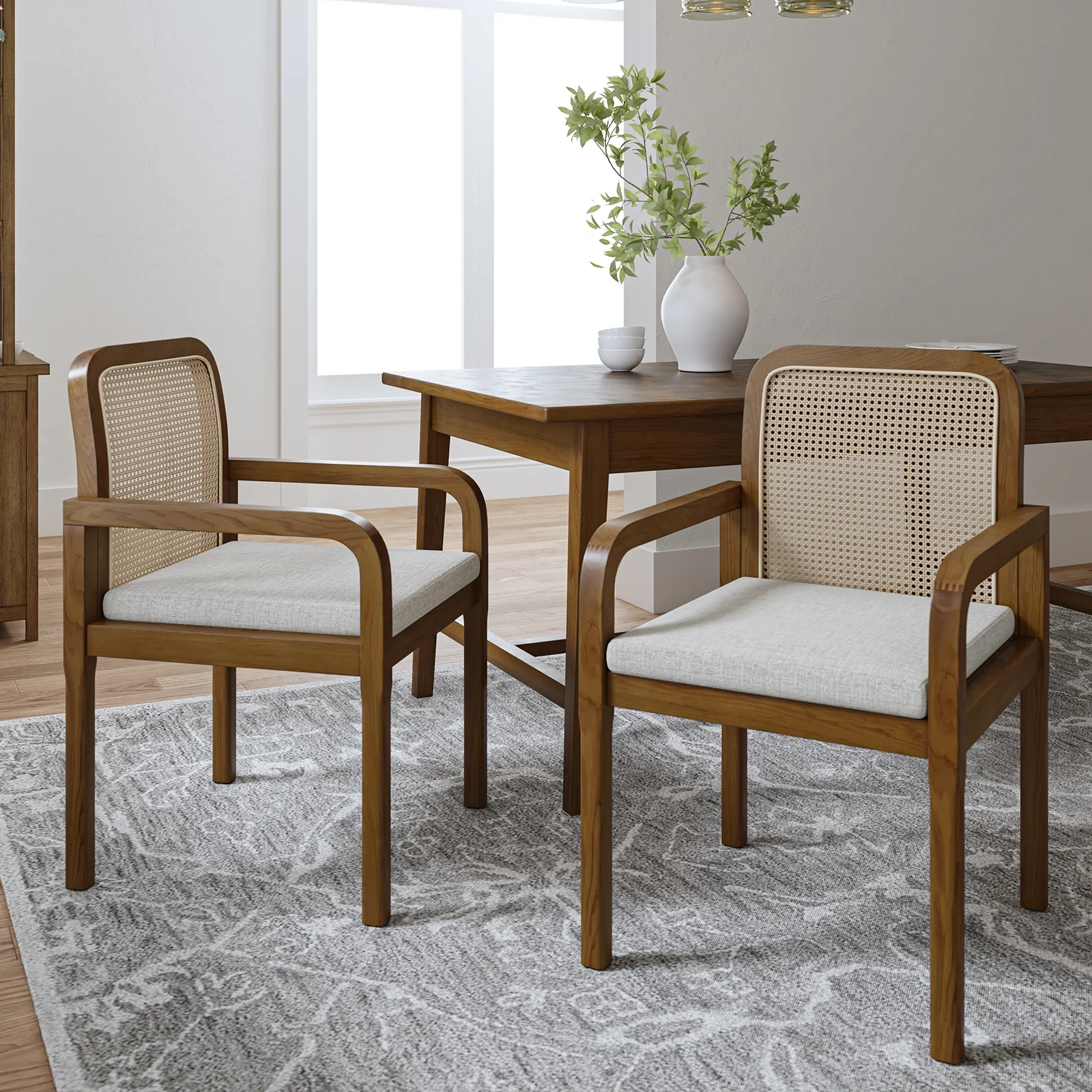 Rattan Dining Chairs Set of 2 Wooden Armchairs Removable Cushion Home Kitchen Restaurant Acorn - Image 2
