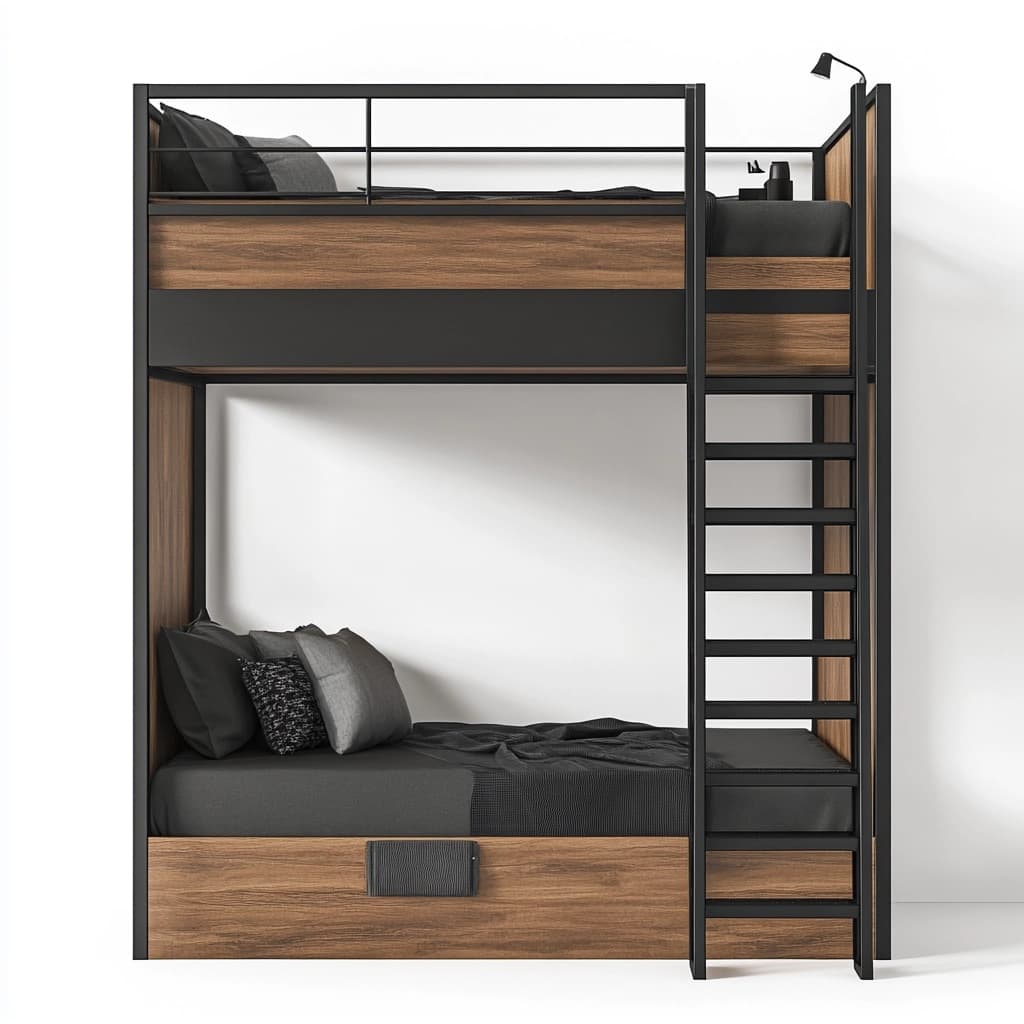 Litera doble moderna acero/madera con escalera y lámpara negro