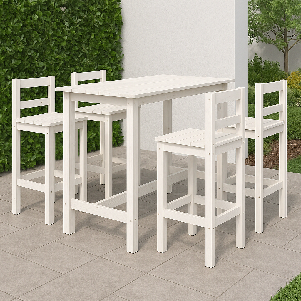Conjunto de bar de jardín exterior con taburetes de pino blanco, 121x82x110 cm