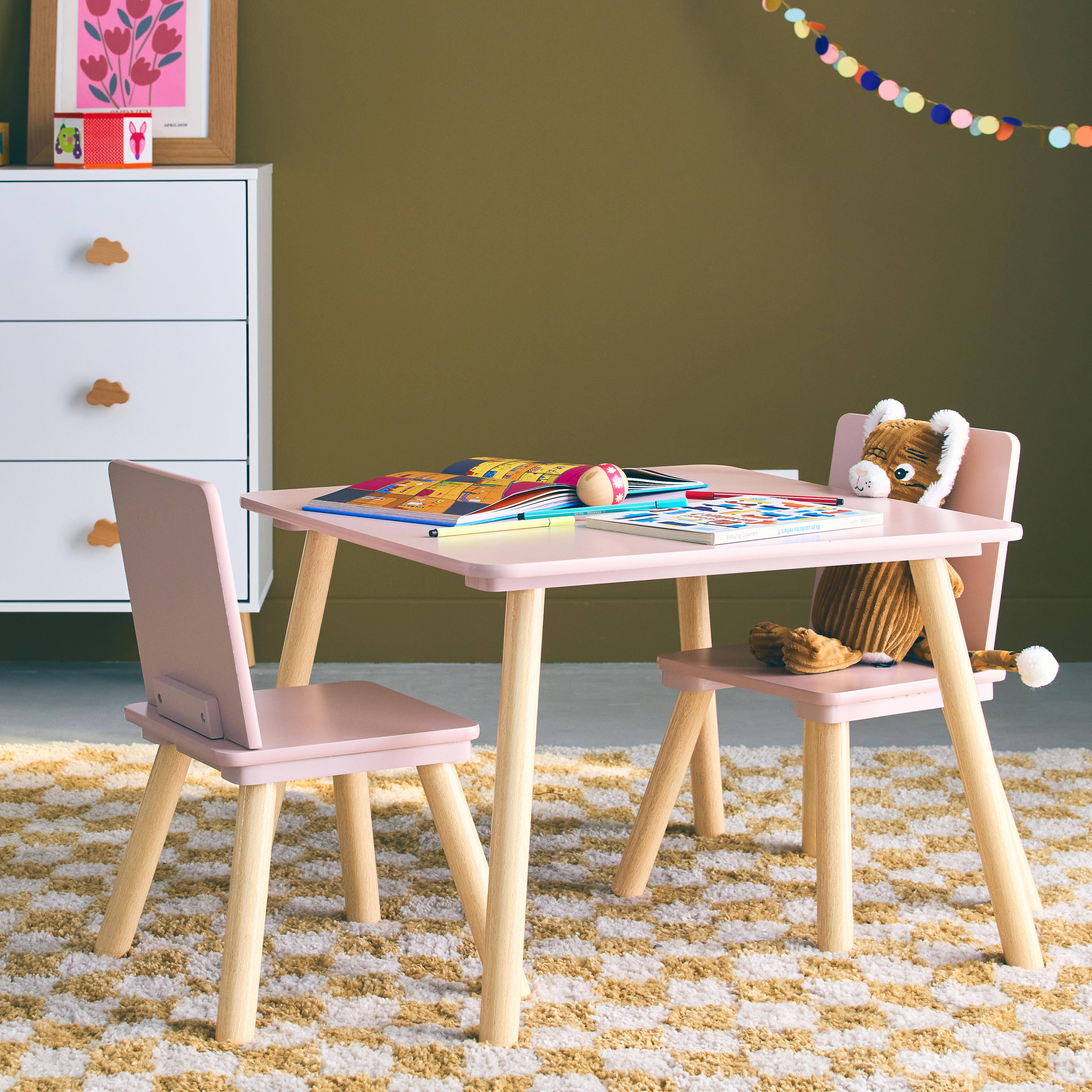 Judith - Mesa cuadrada infantil de madera de pino, 2 sillas