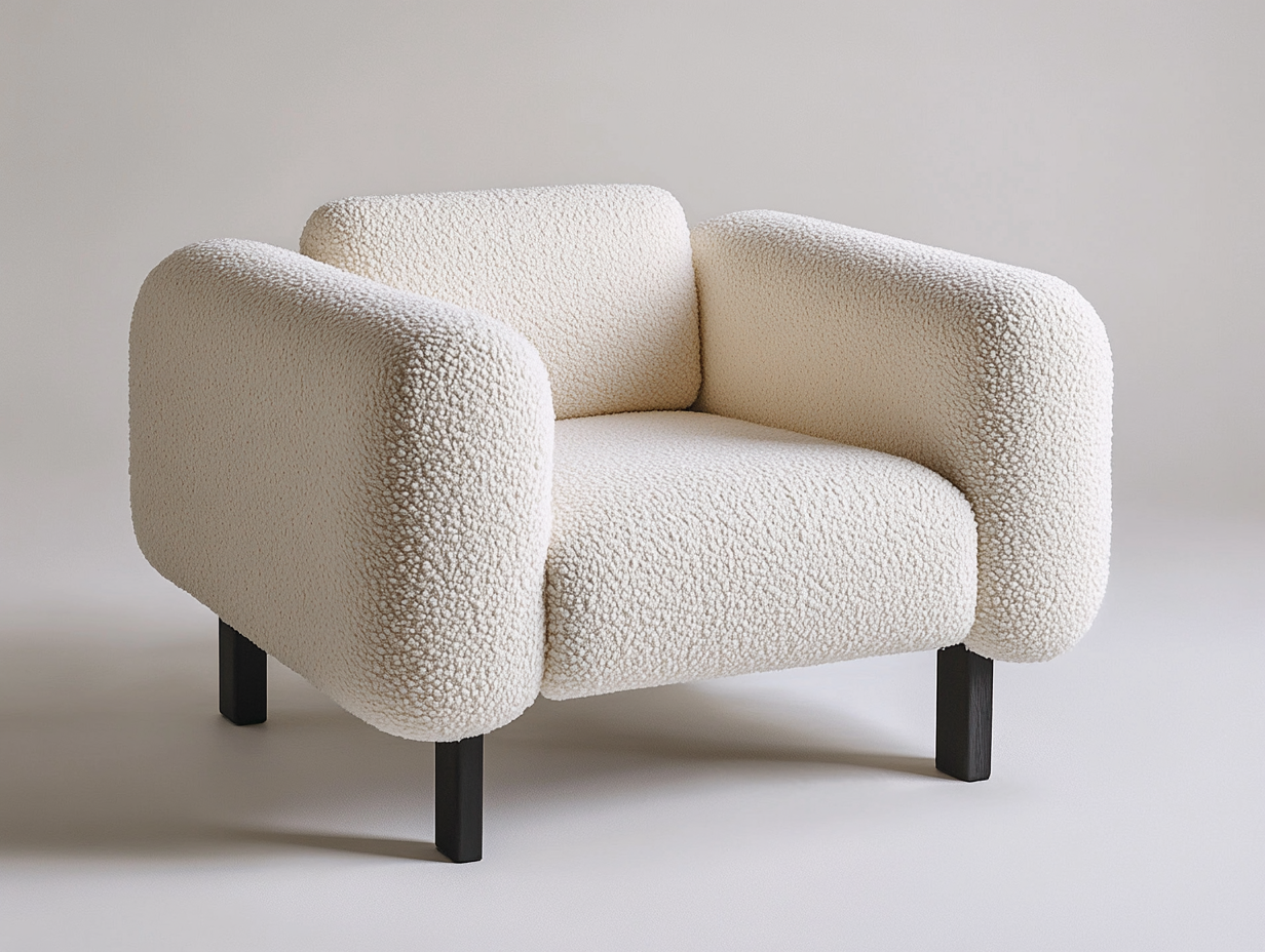 Sillón individual tapizado en borreguillo blanco – con patas negras rectas – diseño moderno curvo