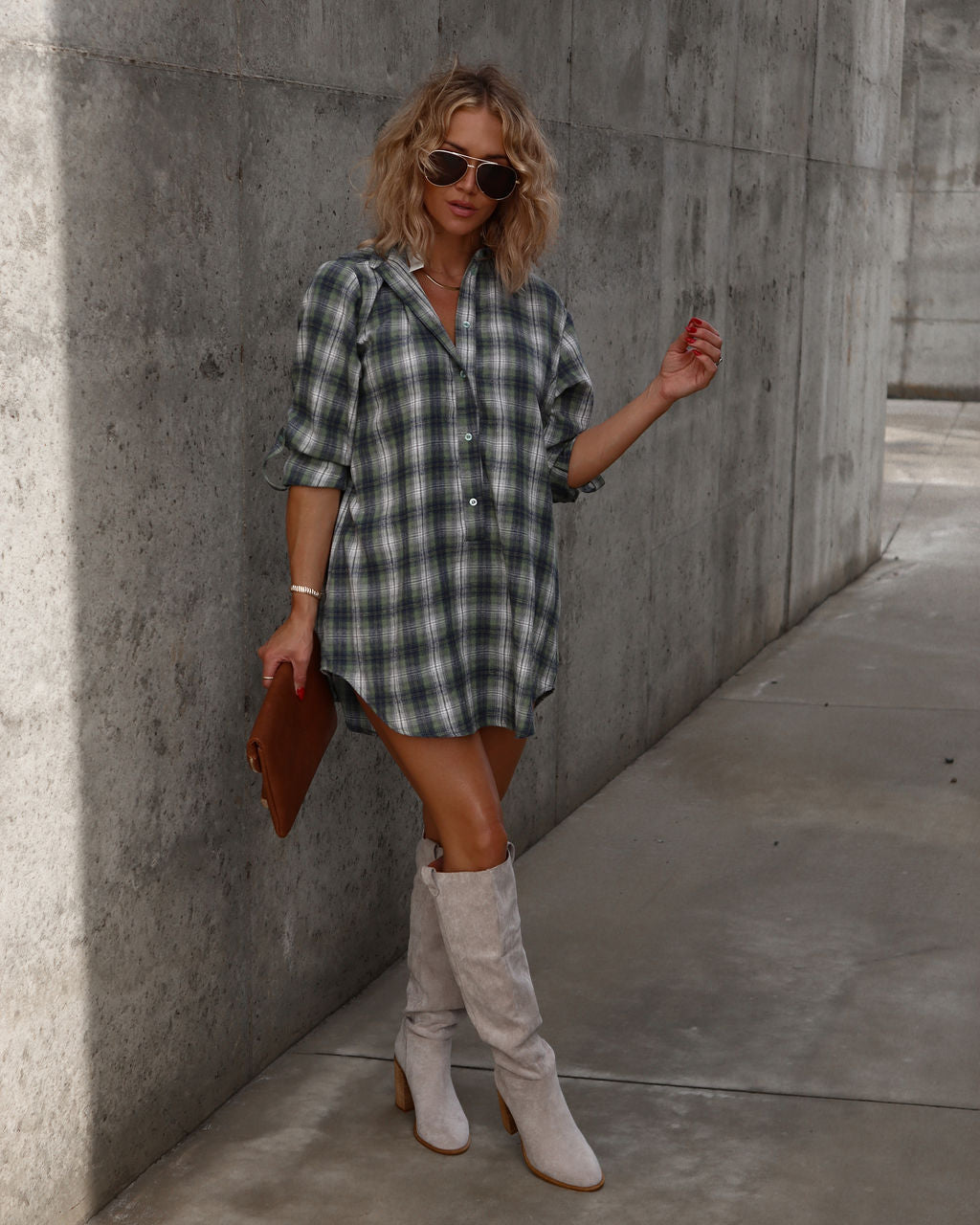 Averie Plaid Pocketed Shirt Dress - Green - Se7enfashion