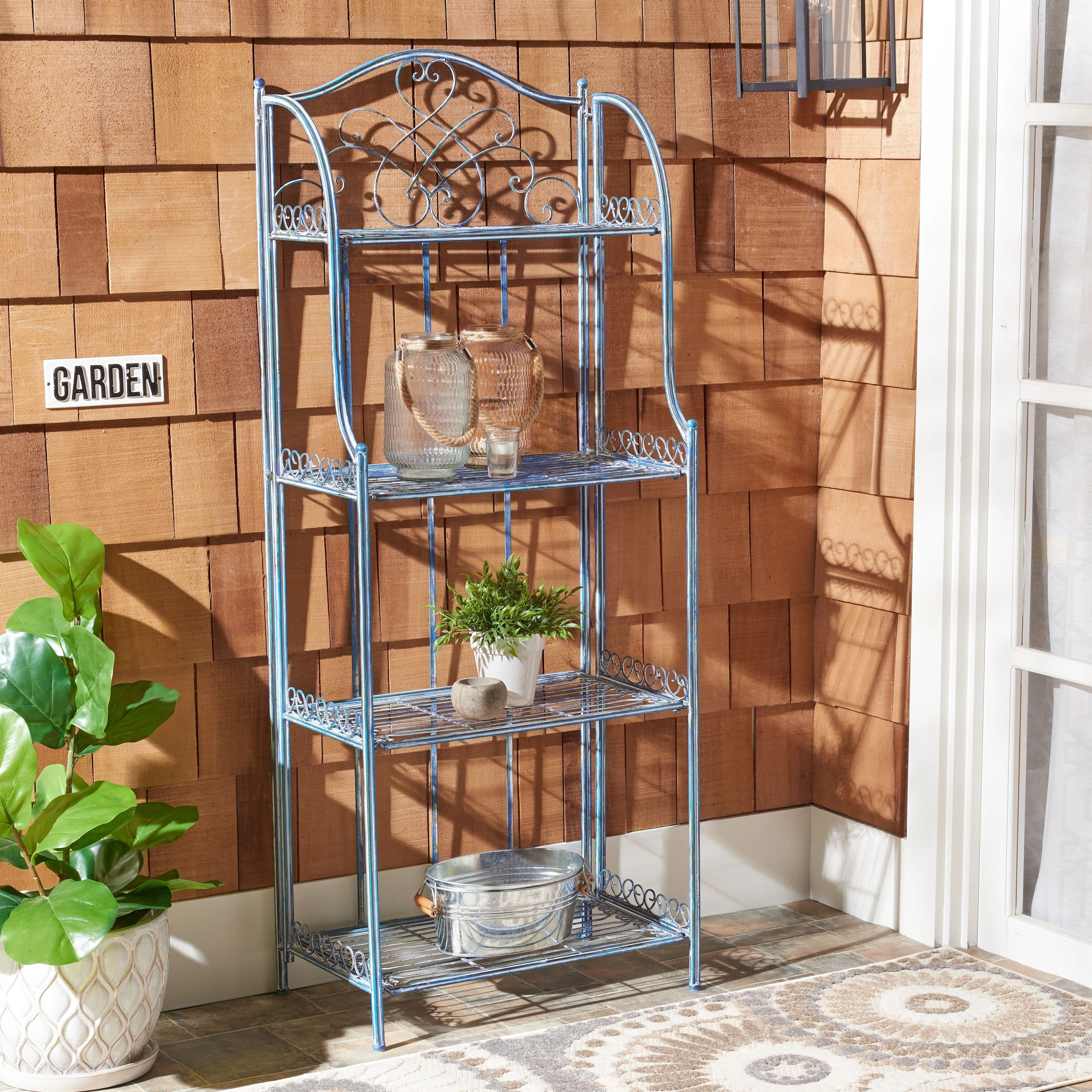 Safavieh Amaris Victorian Wrought Iron 4-Tier Outdoor Bakers Rack. - 25 in. W x 15 in. D x 63 in. H Antique Blue - Image 2