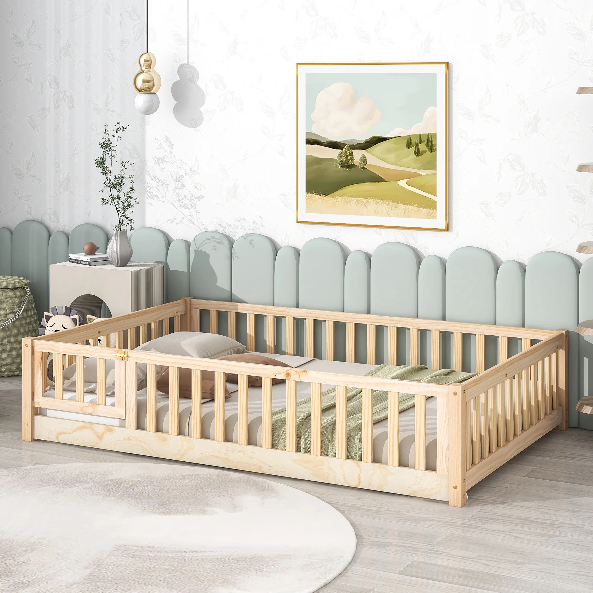 UHOMEPRO Twin Size Floor Bed with Door and Fence, Montessori Floor Bed with Slats and Safety Guardrails, Solid Wood Twin Bed Frame for Bedroom, White - Image 24