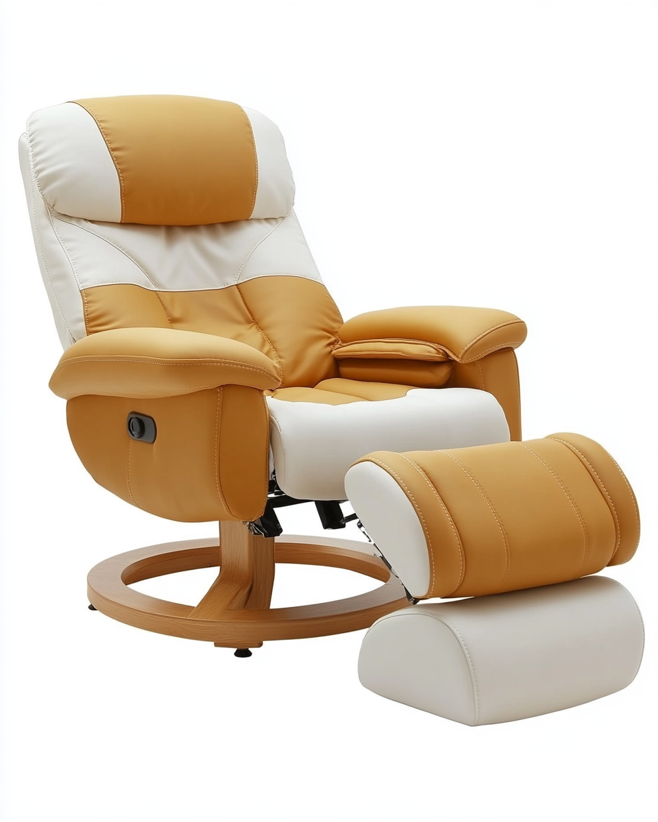 Sillón reclinable bicolor con reposapiés y base circular de madera