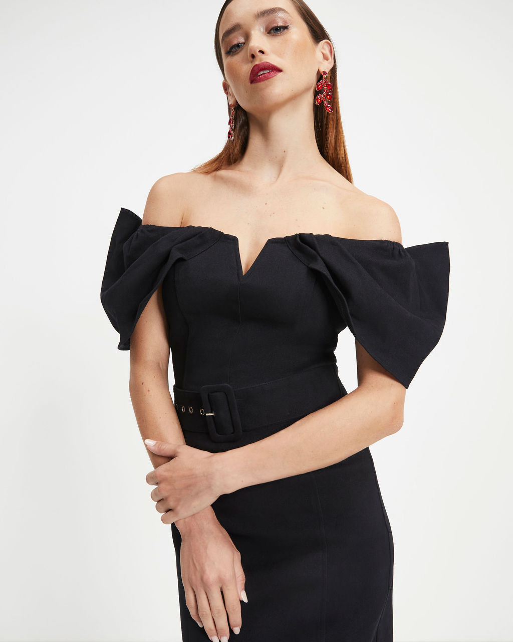 Rafaella Off The Shoulder Belted Midi Dress - Black - Se7enfashion