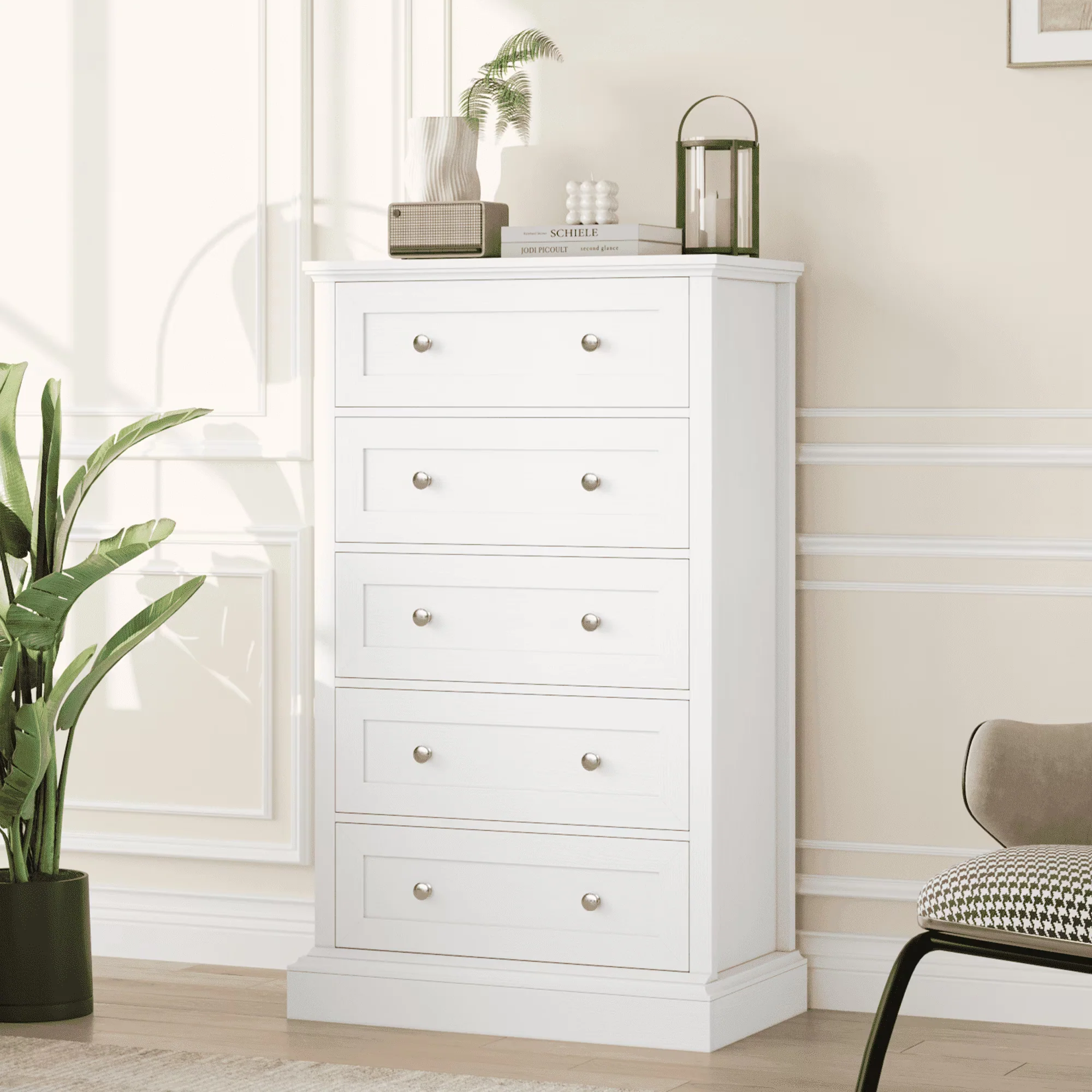 Homfa 5 Drawer Bedroom Dresser, Tall Wood Nightstand Storage Cabinet for Office Living Room,Gray