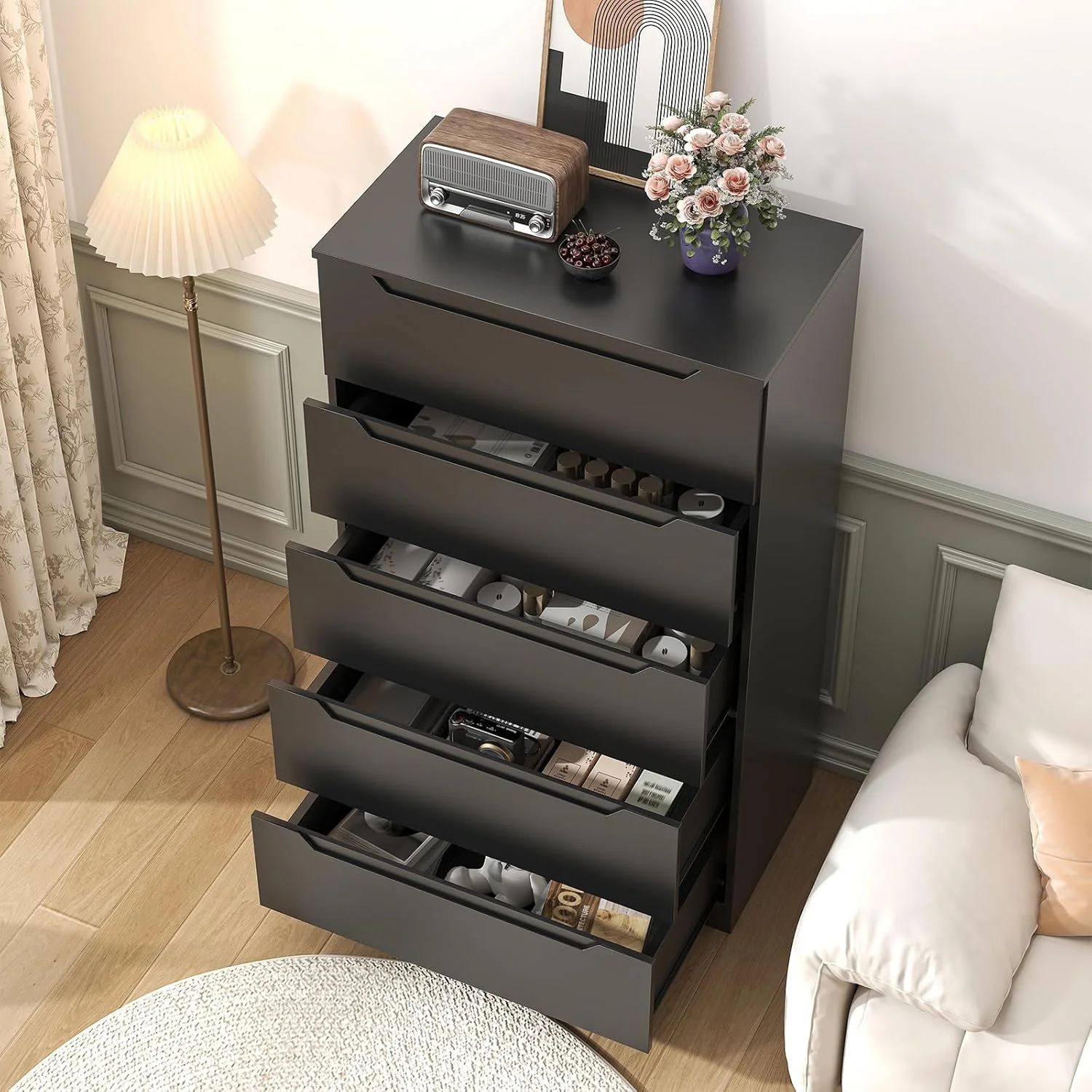 Winkalon Vertical 5 Drawer Dresser, Wood Storage Cabinet with Upgraded Stable Base for Bedroom Living Room, Black - Image 4