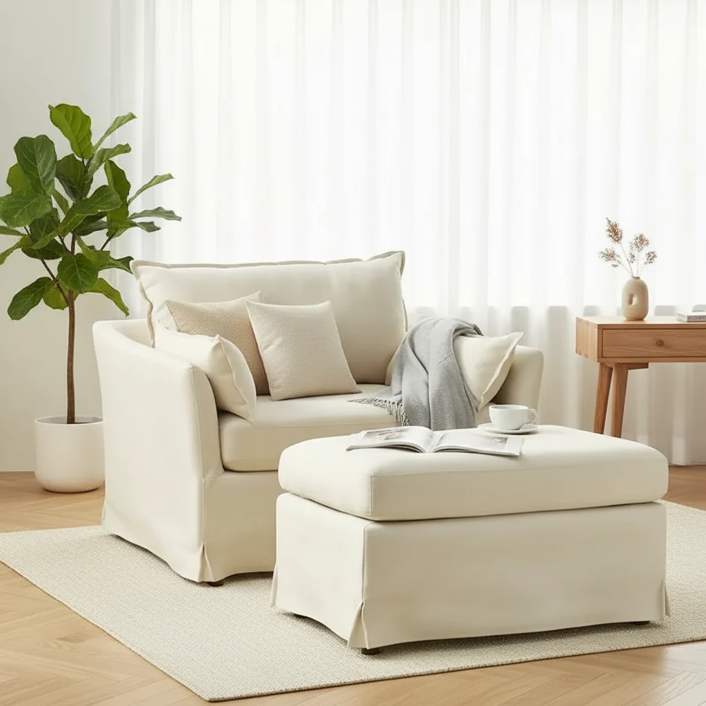 Sophie Contemporary Oversized Slipcovered Armchair and Ottoman with Lockable Rear Wheels