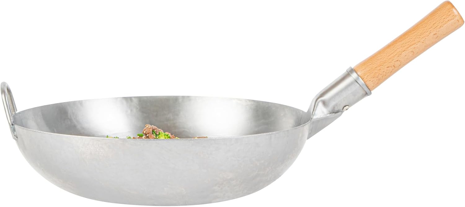 Restaurantware Carbon Steel Wok 1 Pack of 14 Inch Heavy-Duty Stir Fry Pan Silver Hand Hammered Wok Efficient Maneuvering Steel Helper Handle Uniform Heat Distribution Asian Cooking