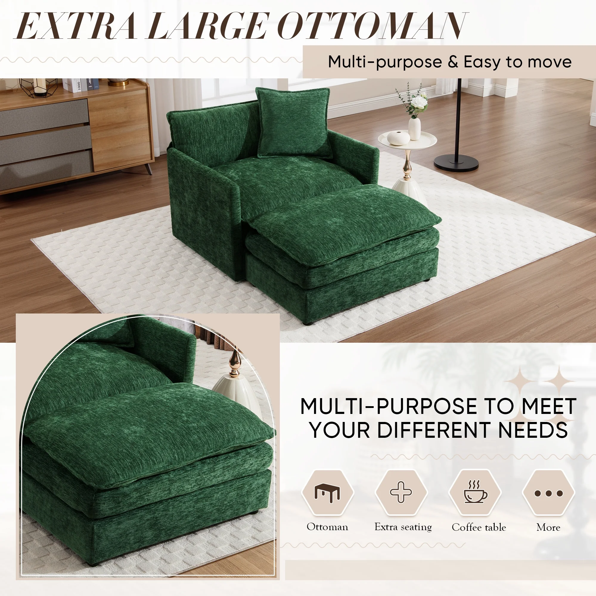 Muumblus Oversized Lounge Chair with Ottoman, Cloud Accent Armchair for Living Room, Beige Chenille - Image 25