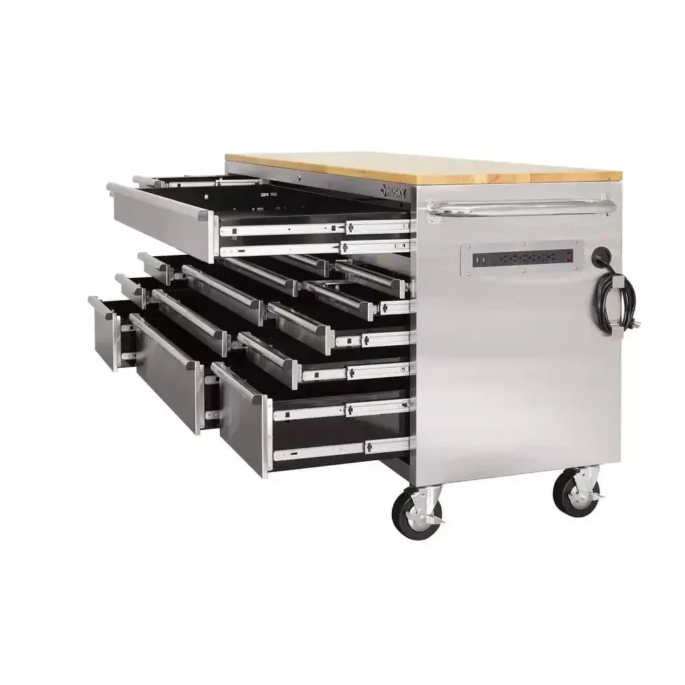 72 in. 18-Drawer 24 in. D Mobile Workbench With Solid Wood Top - Stainless Steel - Image 4 72 in. 18-Drawer 24 in. D Mobile Workbench With Solid Wood Top - Stainless Steel - Image 4