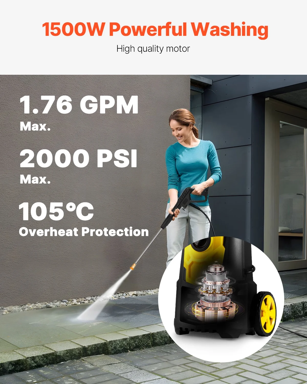 BENTISM Electric Pressure Washer, 2000 PSI 1.76 GPM 30 ft Hose & Reel, 5 Quick Connect Nozzles, Foam Cannon, Portable to Clean Patios, Cars, Fences, Driveways, ETL Listed - Image 7
