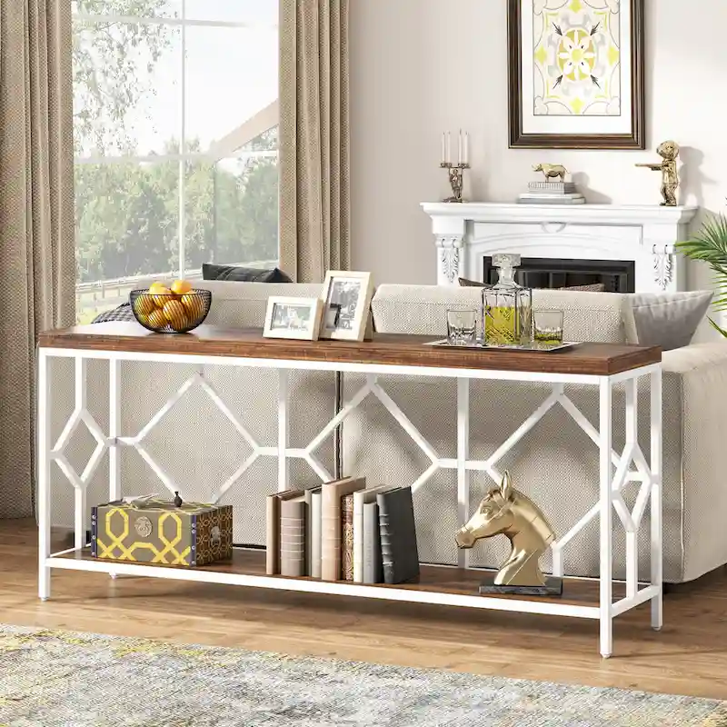 70.9-Inch Industrial Sofa Console Table with Open Storage Shelf - Extra Long Narrow Entry Table for Behind Couch