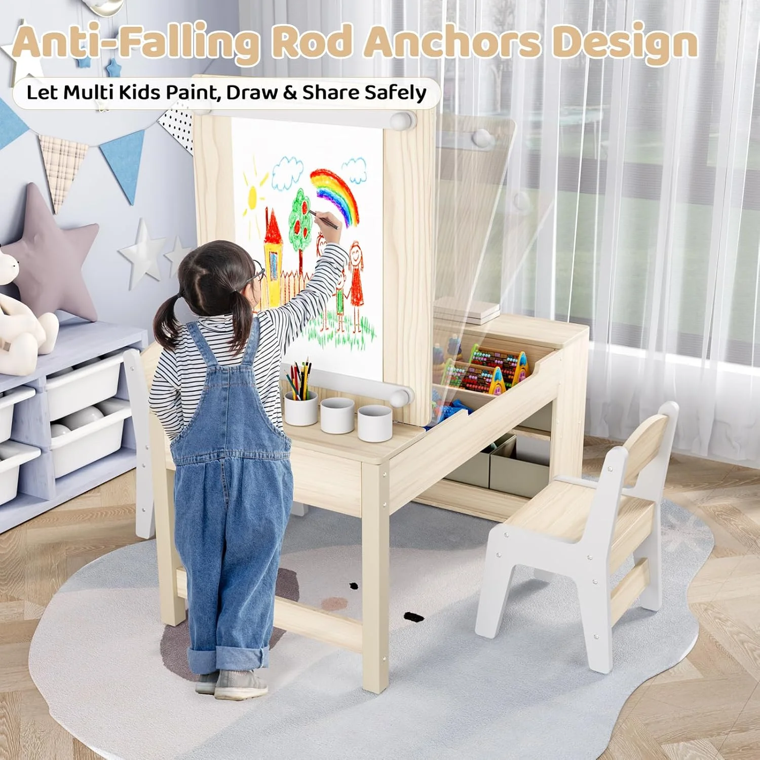 LAZY BUDDY Kids Art Table and 2 Chairs Set, 2 in 1 Easel & Toddler Craft Table and Chairs Set with Storage Bins, Paint Cups and Paper Roll, Activity Table Set for Children 3+ - Image 12