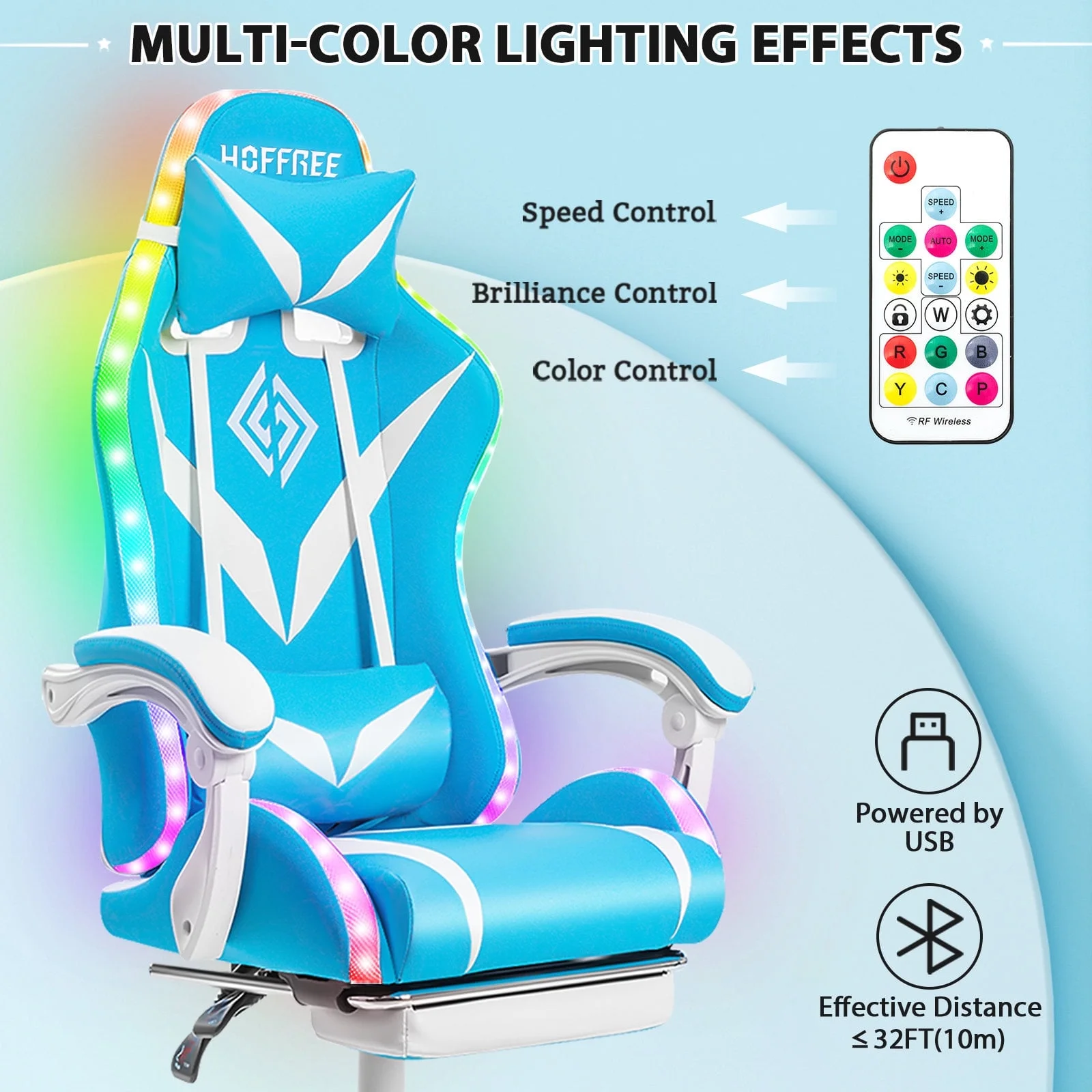 Hoffree Gaming Chair with Speakers PU Leather Office Chair with Footrest and LED Lights Ergonomic Gamer Chair with Massage Lumbar Support and Headrest Adjustable Swivel for Home Office 300lb - Image 28