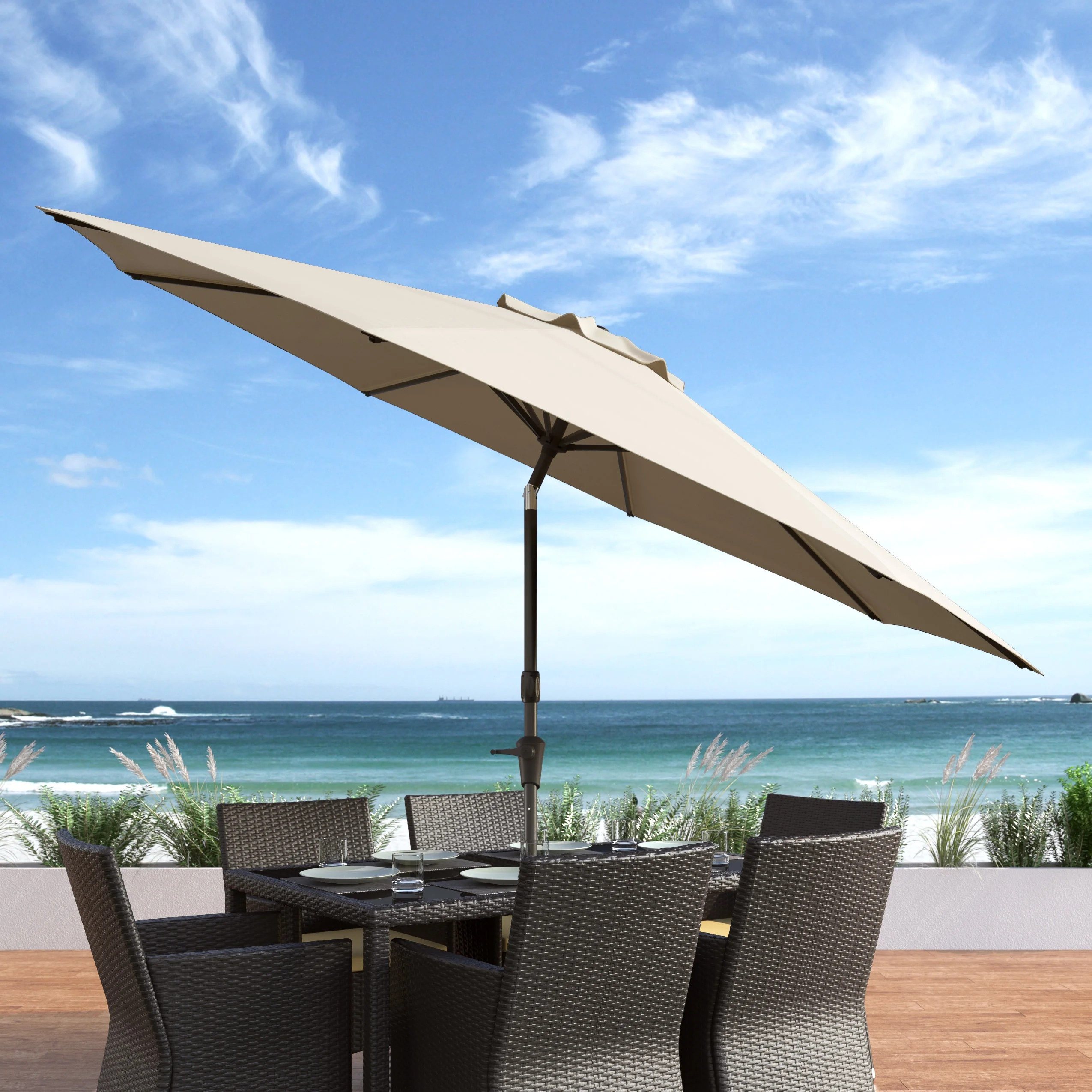 CorLiving 10 Foot Wind Resistant Patio Umbrella, Outdoor Parasol with Crank Tilt, Round Market Umbrella for Patio, Umbrella with Crank, Tilt Umbrella, Outdoor Umbrella, White - Image 2