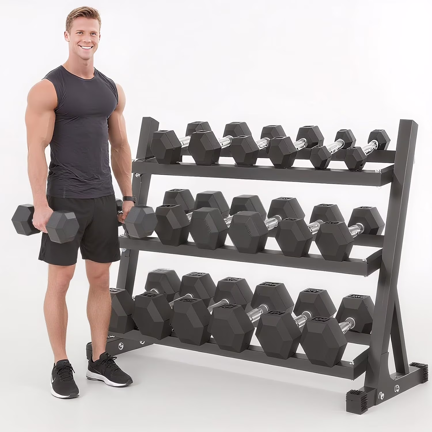 350 lb Hex Dumbbell Set with Rack, 5 - 50 lb Pairs - Rubber Coated Iron Weights for Home Gym, Strength Training Muscle Building(350 lb)