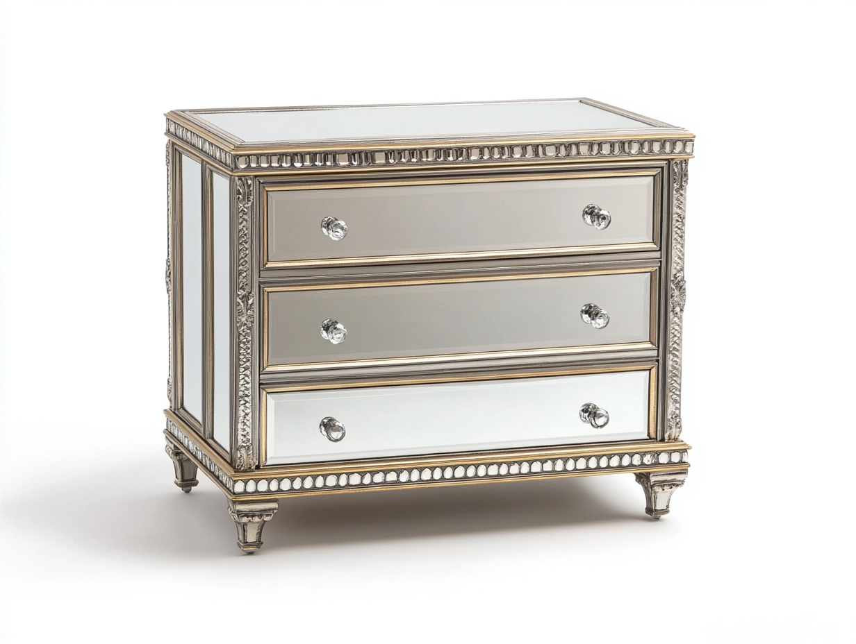 Armario de almacenamiento de tres cajones con espejo de estilo vintage en plata y oro.
