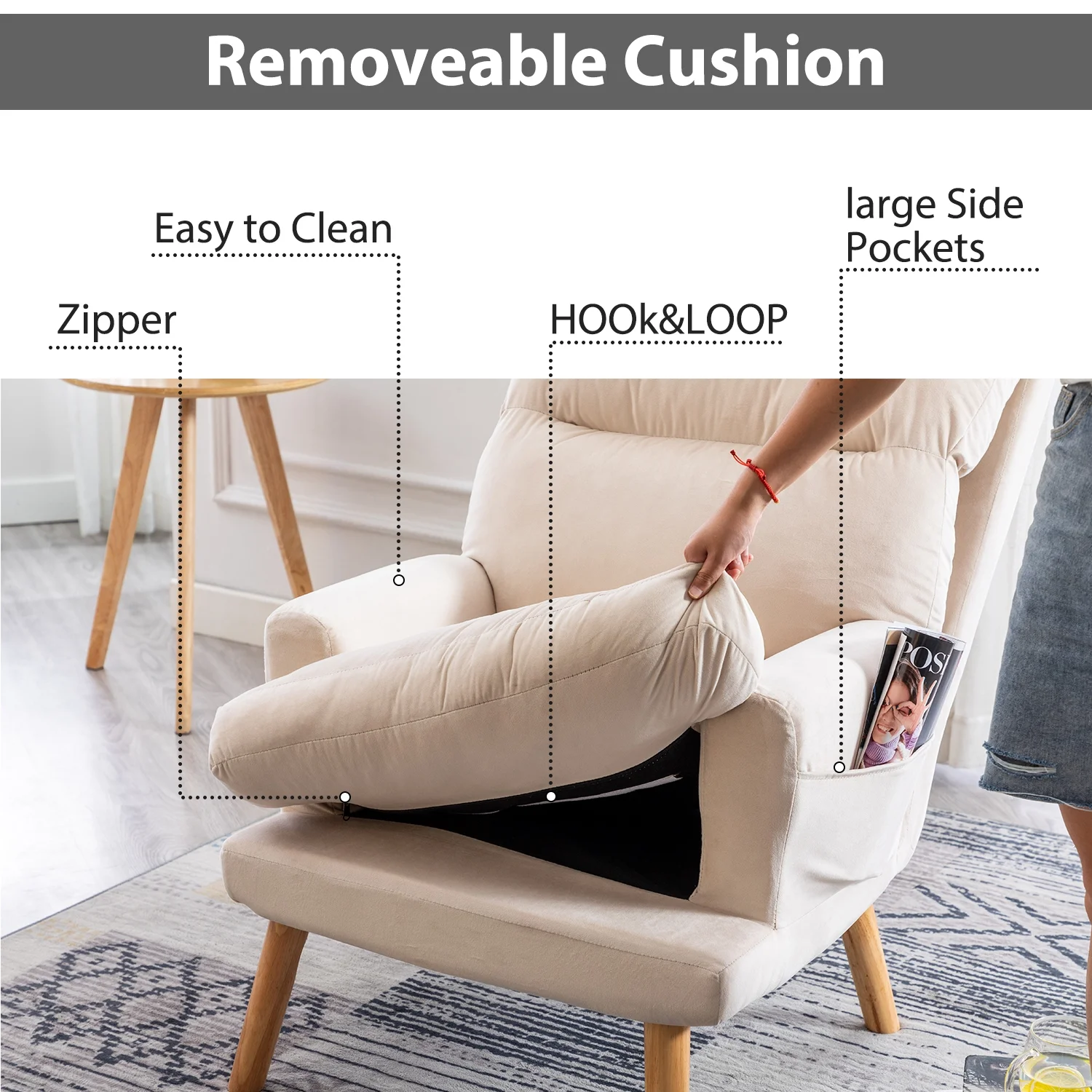 Bestier Adjustable Accent Chairs with Ottoman, Velvet Fabric Armchair for Bedroom Living Room, Comfy Lounge Chair with Padded Backrest and Side Pocket, Soft Reading Chair, Beige - Image 4