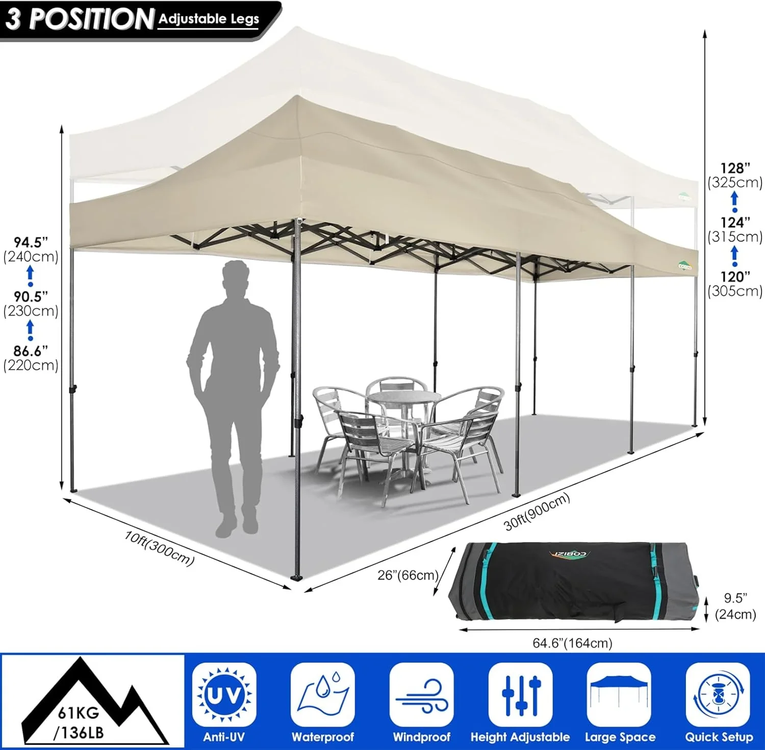 COBIZI 10x20 Heavy Duty Pop up Canopy Tent with 6 sidewalls Easy Up Commercial Outdoor Canopy Wedding Party Tents for Parties All Season Wind & Waterproof Gazebo with Roller Bag,Black(Frame Thickened)