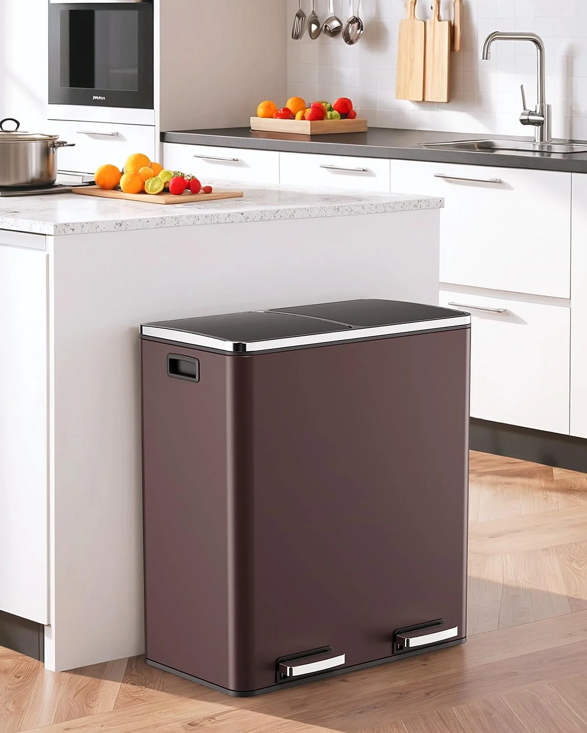 LAZY BUDDY Dual Garbage Can, Stainless Steel 16 Gallon Step Kitchen Trash Can with Soft-Close Lid, Double Compartment Garbage Recycling Bin - Image 40