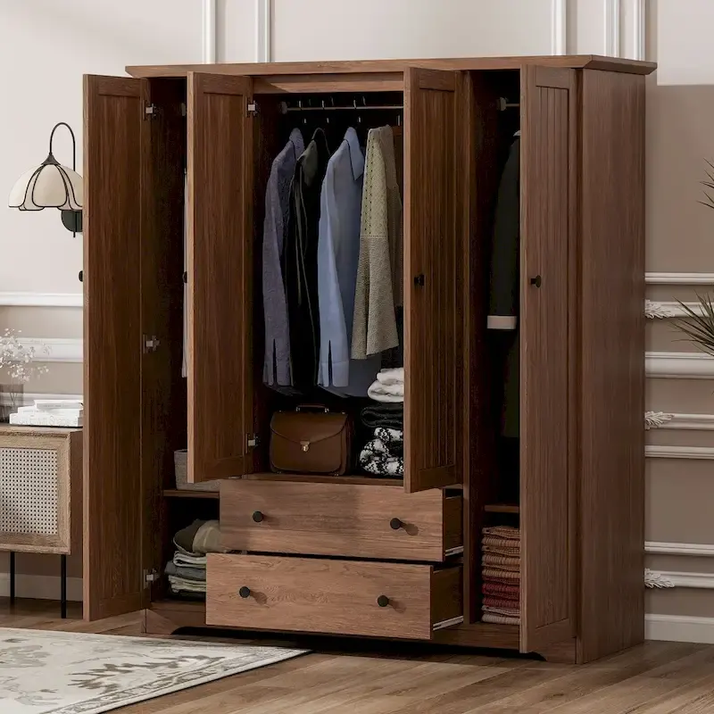Freestanding 4-Door Wardrobe Armoire with 2 Drawers and Hanging Rods for Clothes Storage