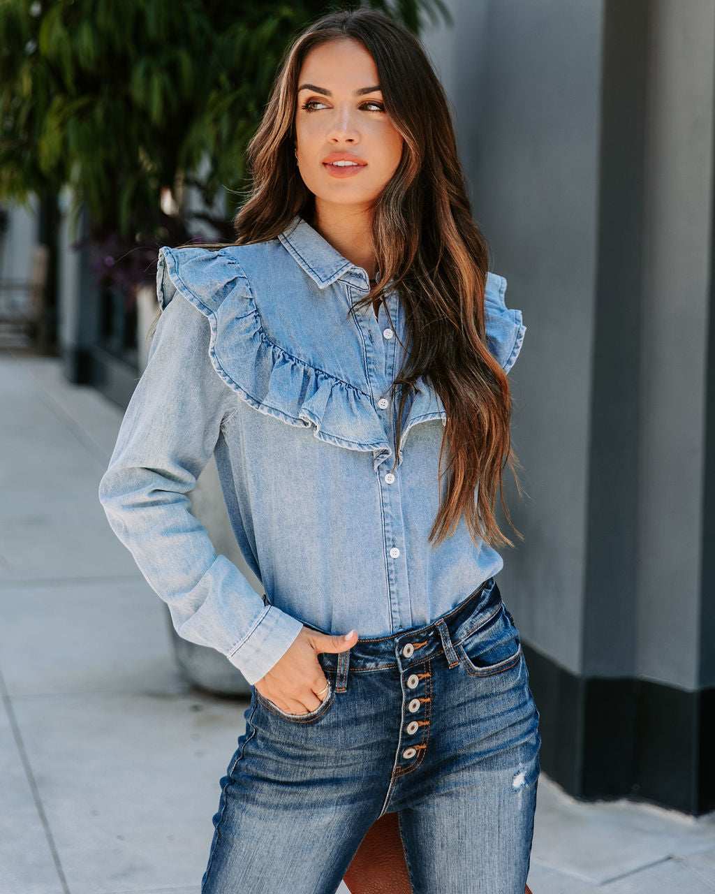 Zephyr Denim Ruffle Button Up Top - SALE - Se7enfashion