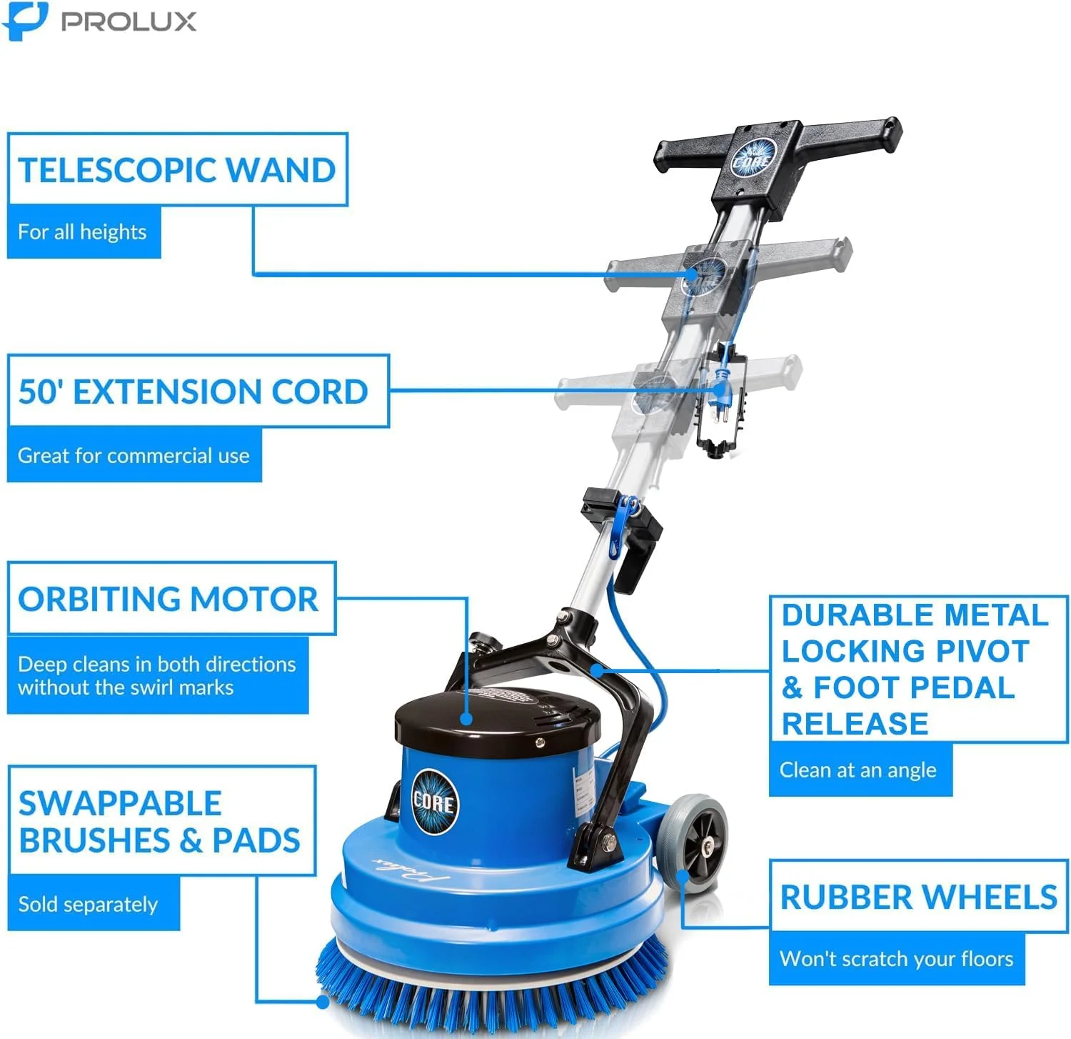 Prolux Core 15 in. Loaded Commercial Light Hand-Driven Floor Buffer Scrubber - Image 3
