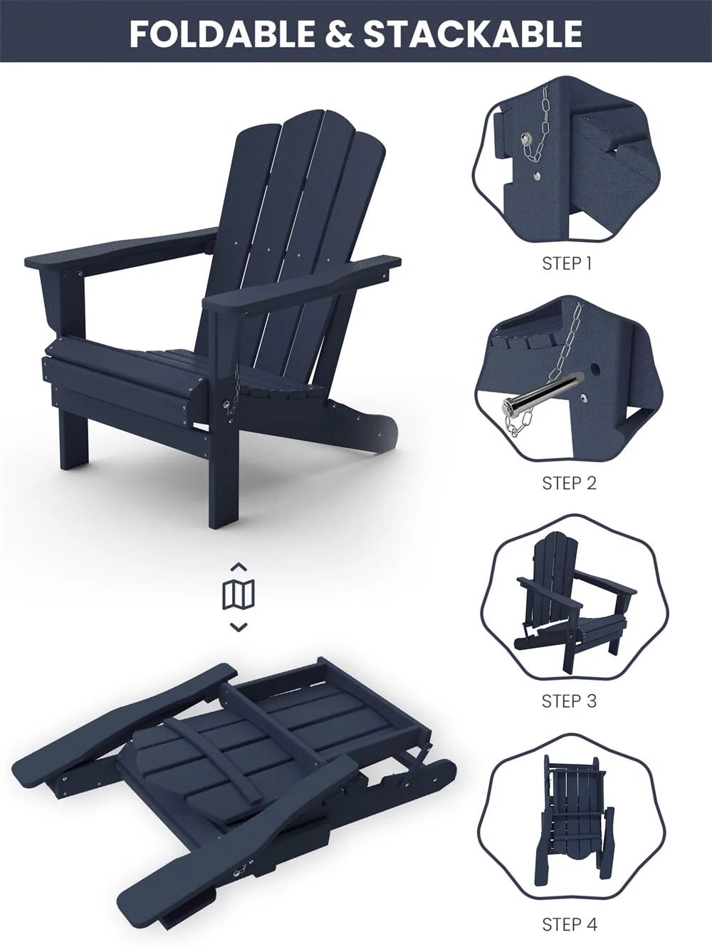 VOUA Folding Adirondack Chair Resin Outdoor Patio Furniture, Blue - Image 4