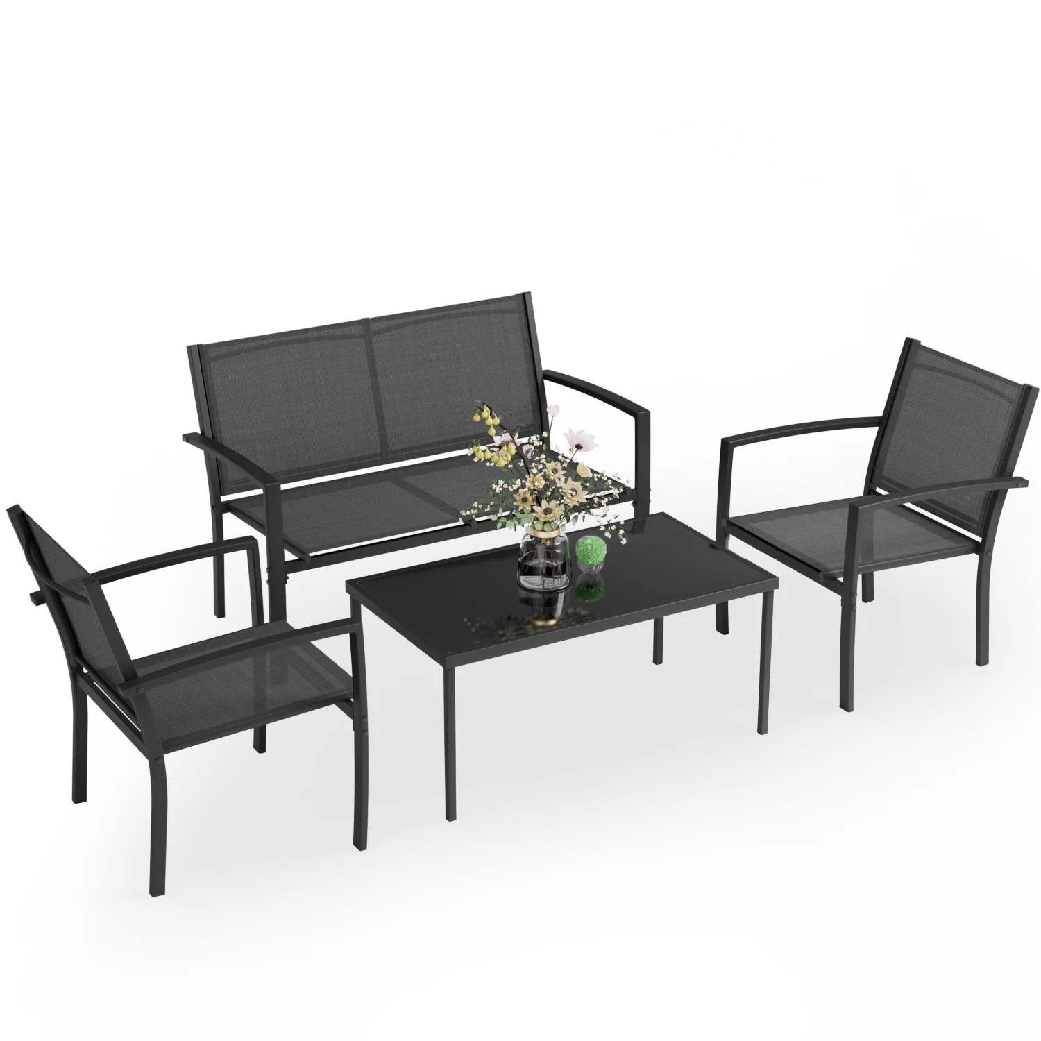 LACOO 4 Pieces Outdoor Furniture Set Patio Textilene Steel Conversation Set with Loveseat Tea Table for Lawn and Balcony, Black - Image 10