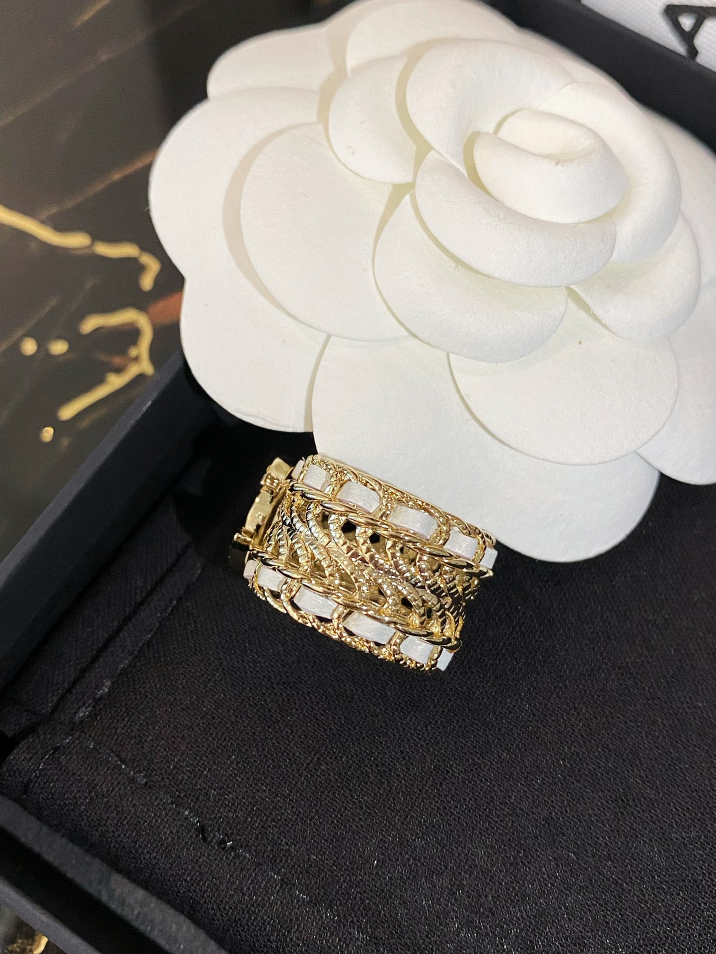 Chanel Wide Hollow Leather Wrap Vintage Ring - Original Replica Club