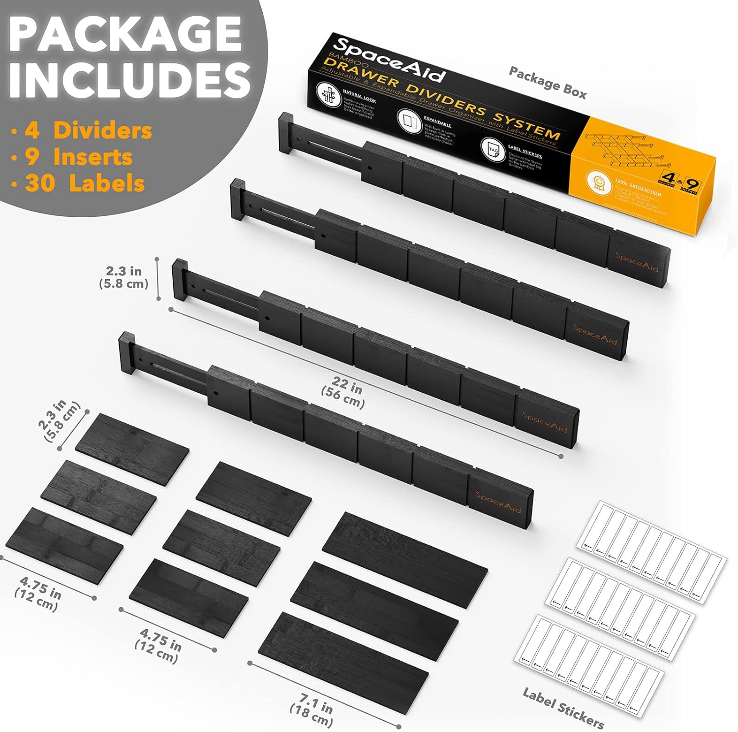 SpaceAid Bamboo Drawer Dividers with Inserts and Labels, Kitchen Adjustable Drawer Organizers, Expandable Organization for Home, Office, Dressers, 4 Dividers with 9 Inserts (17