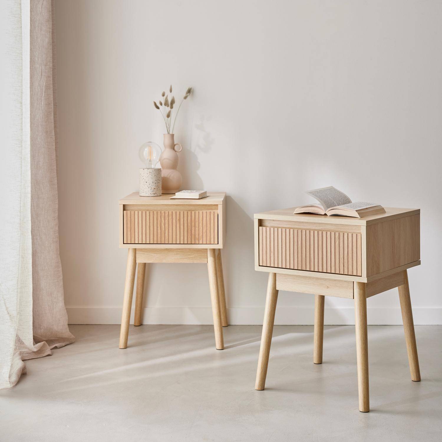Linear - Mesita de noche  de 1 cajón con efecto madera, set de 2
