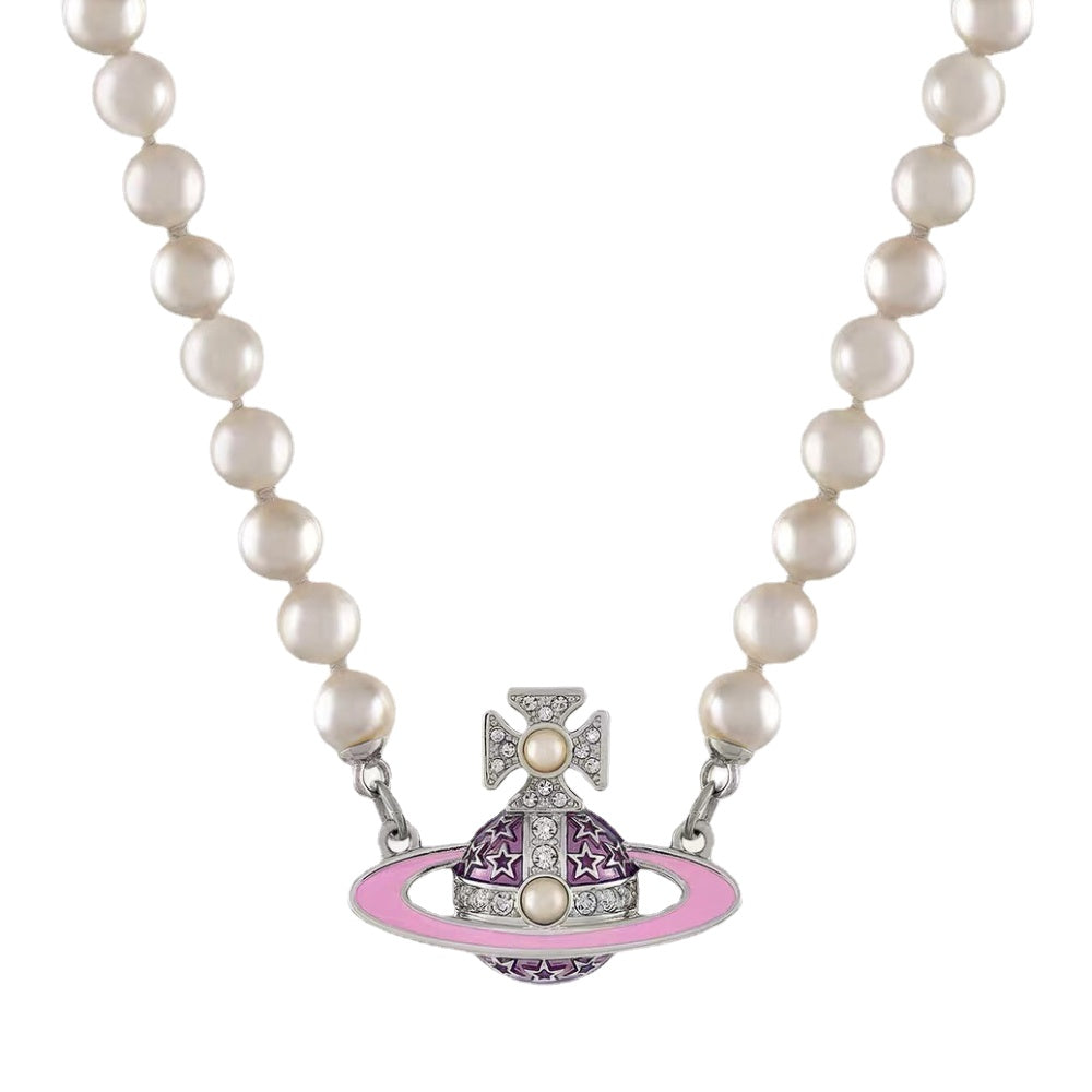 Vivienne Westwood Pink Flat Saturn Pendant Pearl Necklace - Original Replica Club