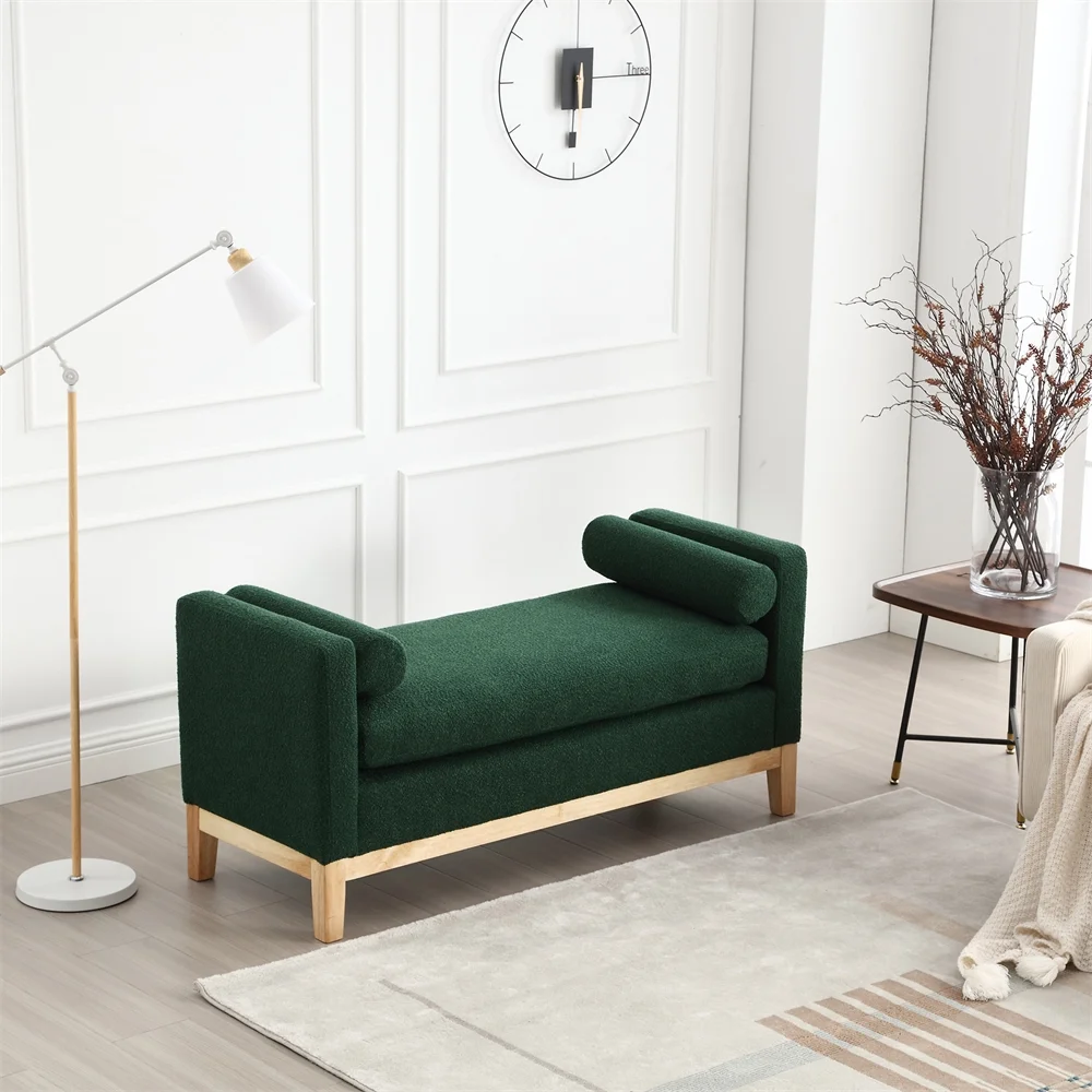53.5"W Elegant Upholstered Bench with Wood Legs & Round Pillows,Comfy Boucle Fabric Footrest with Arms, Entryway Bench for End of Bed, Bedroom and Living Room, Ivory - Image 15