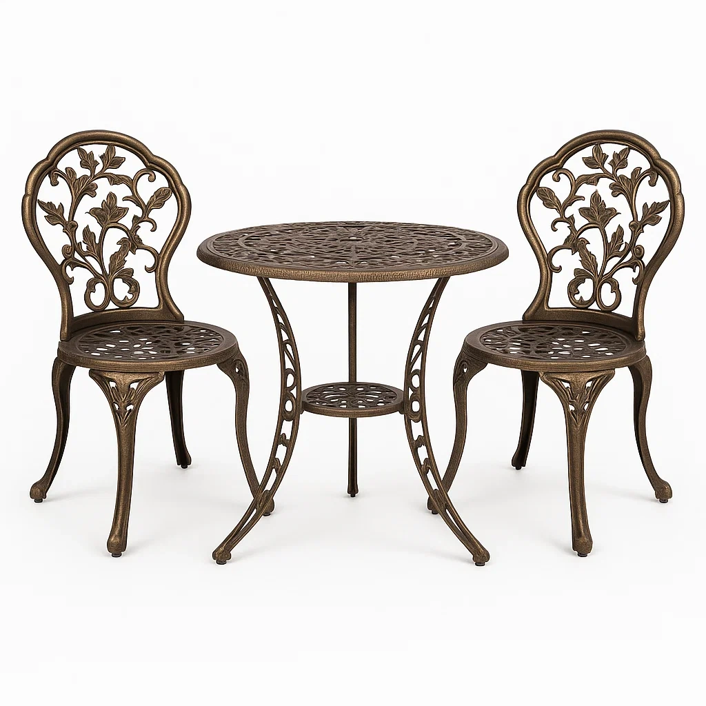 Conjunto de comedor de jardín para 2 personas, Estructura metálica, 2 sillas con diseño floral, 1 mesa redonda, Bronce - ZhDFaOS196cN