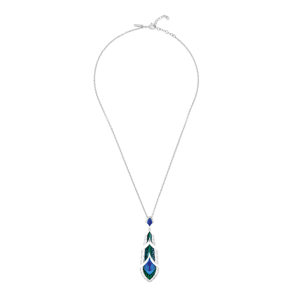 PENDENTIF PAON - CRISTAL BLEU ET LAQUE VERTE, ARGENT