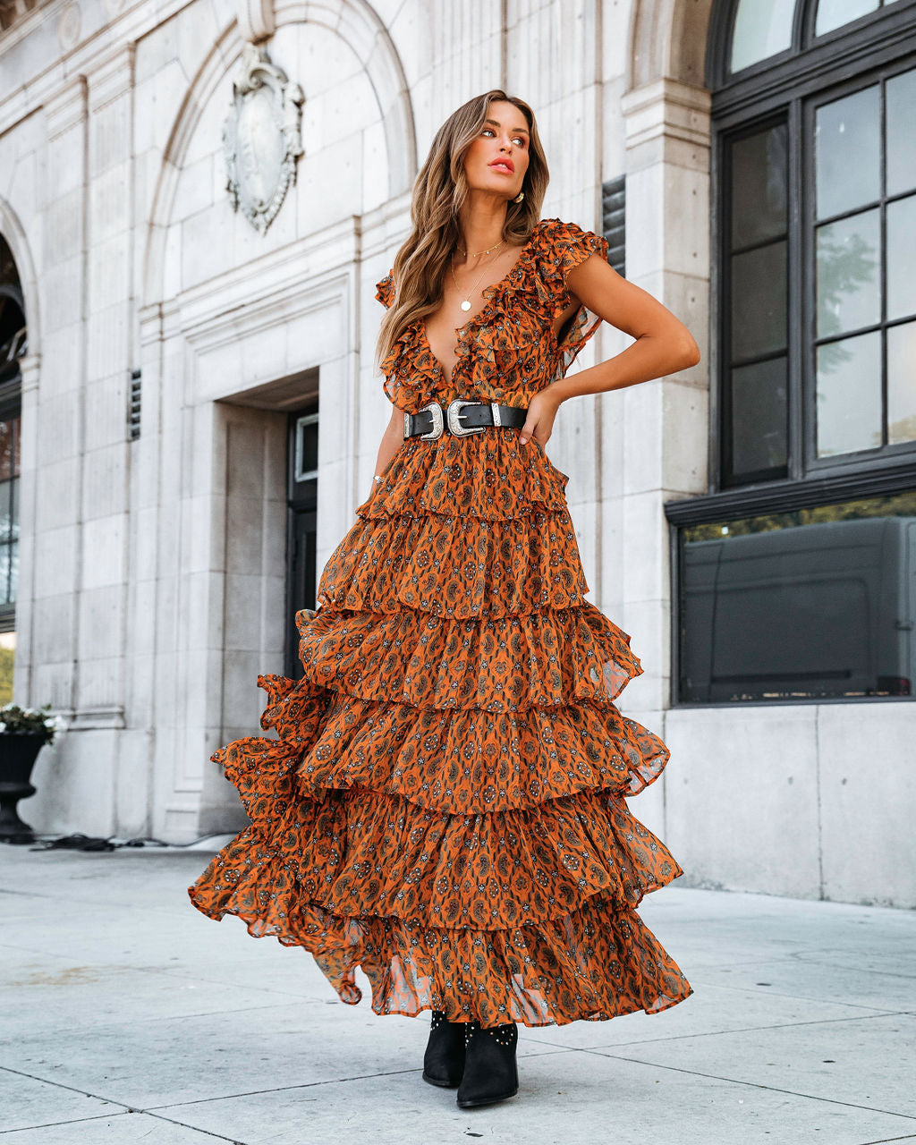 Desert Queen Printed Tiered Belted Maxi Dress - Se7enfashion