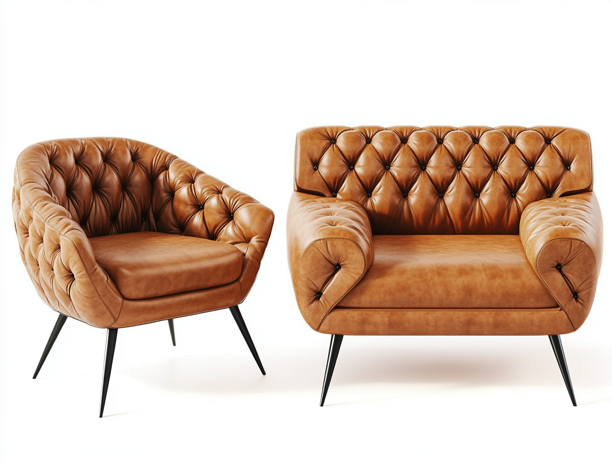 Conjunto moderno de sofá y sillón en cuero beige con patas metálicas negras – salón