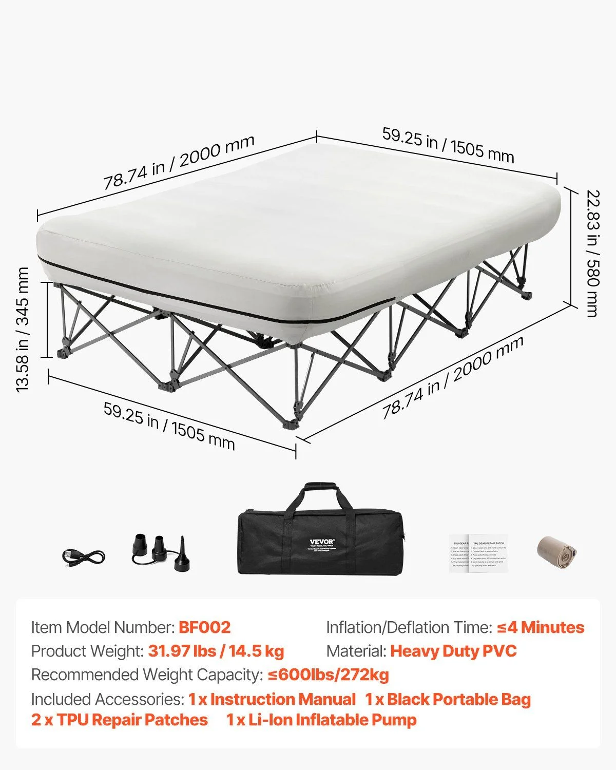 Queen Air Mattress with Frame & Built-in Pump – 2-Person Blow Up Camping Mattress Supports 600lbs – Elevated Inflatable Bed for Guests, Travel & Home Use – Quick Inflation/Deflation - Image 2
