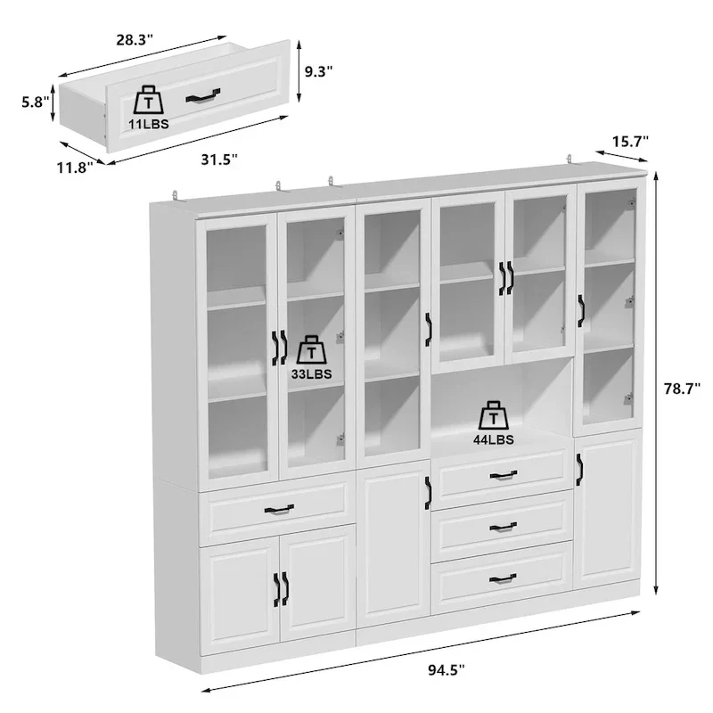 78.7-Inch Modular White Curio Cabinet with Glass Doors for Buffet Display