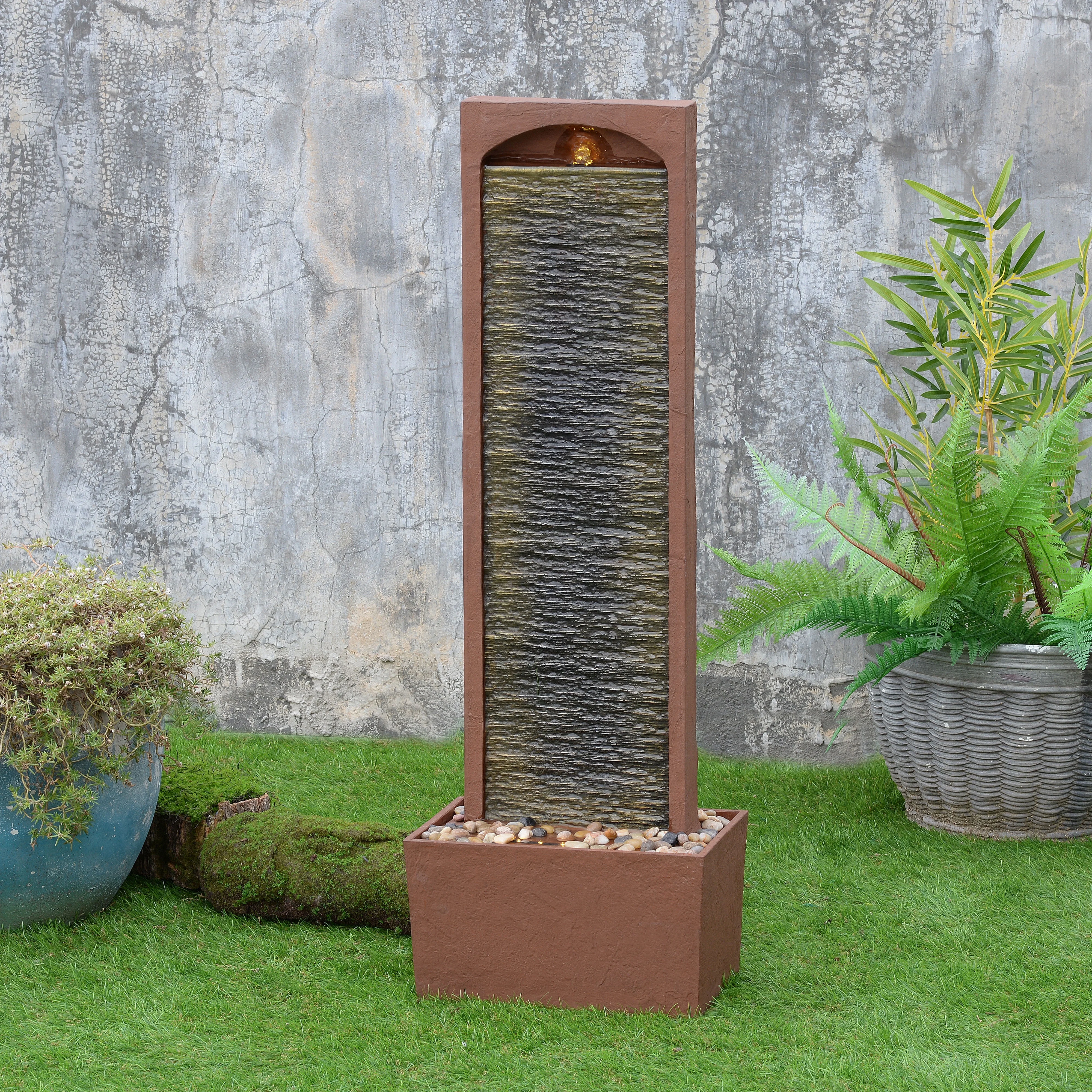 Teamson Home 38.5" Faux Slate Contemporary Outdoor LED Waterfall Fountain with Pebble Base, Red Rock - Image 6