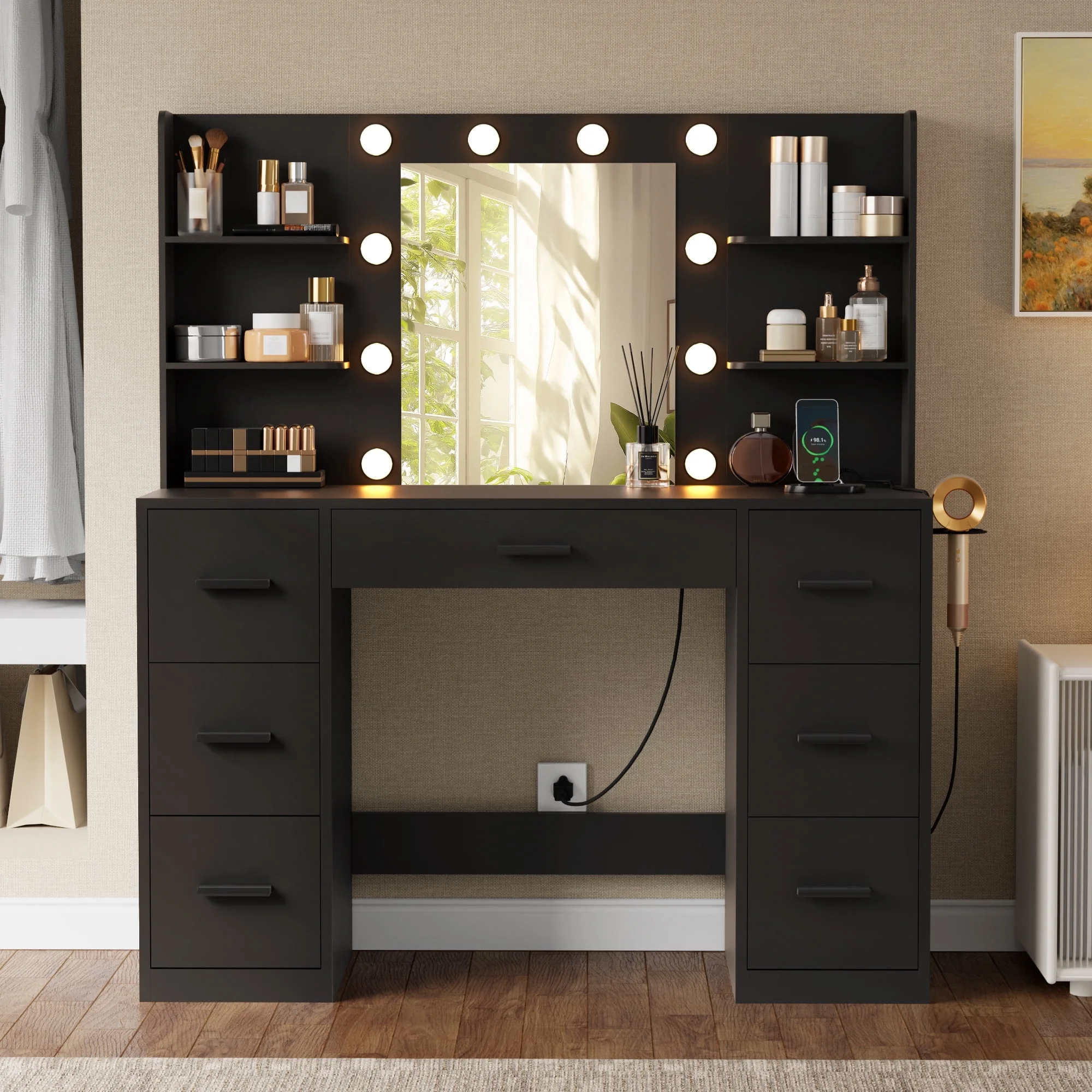 Lacoo Vanity Desk with Mirror and LED Lights, Makeup Vanity with 7 Drawers & 4 Shelves, Vanity Table with Power Outlet for Bedroom Dressing Room, White - Image 13