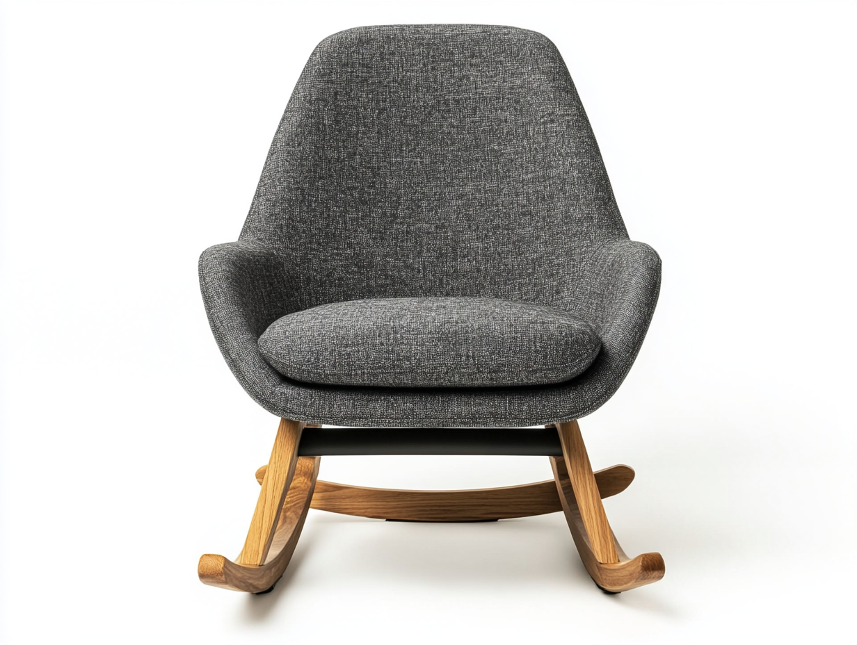Mecedora de poliéster gris oscuro con base de madera curvada, 86 cm